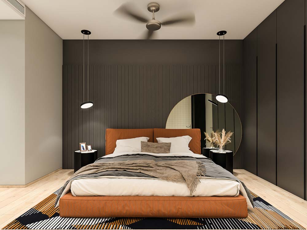 Vertical lines on the wall in this bedroom makes it look bigger - Beautiful Homes