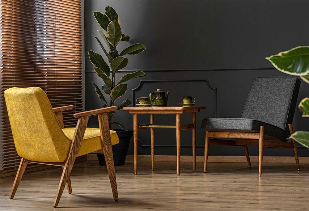 Wooden table and chair set in nordic style on a white wall