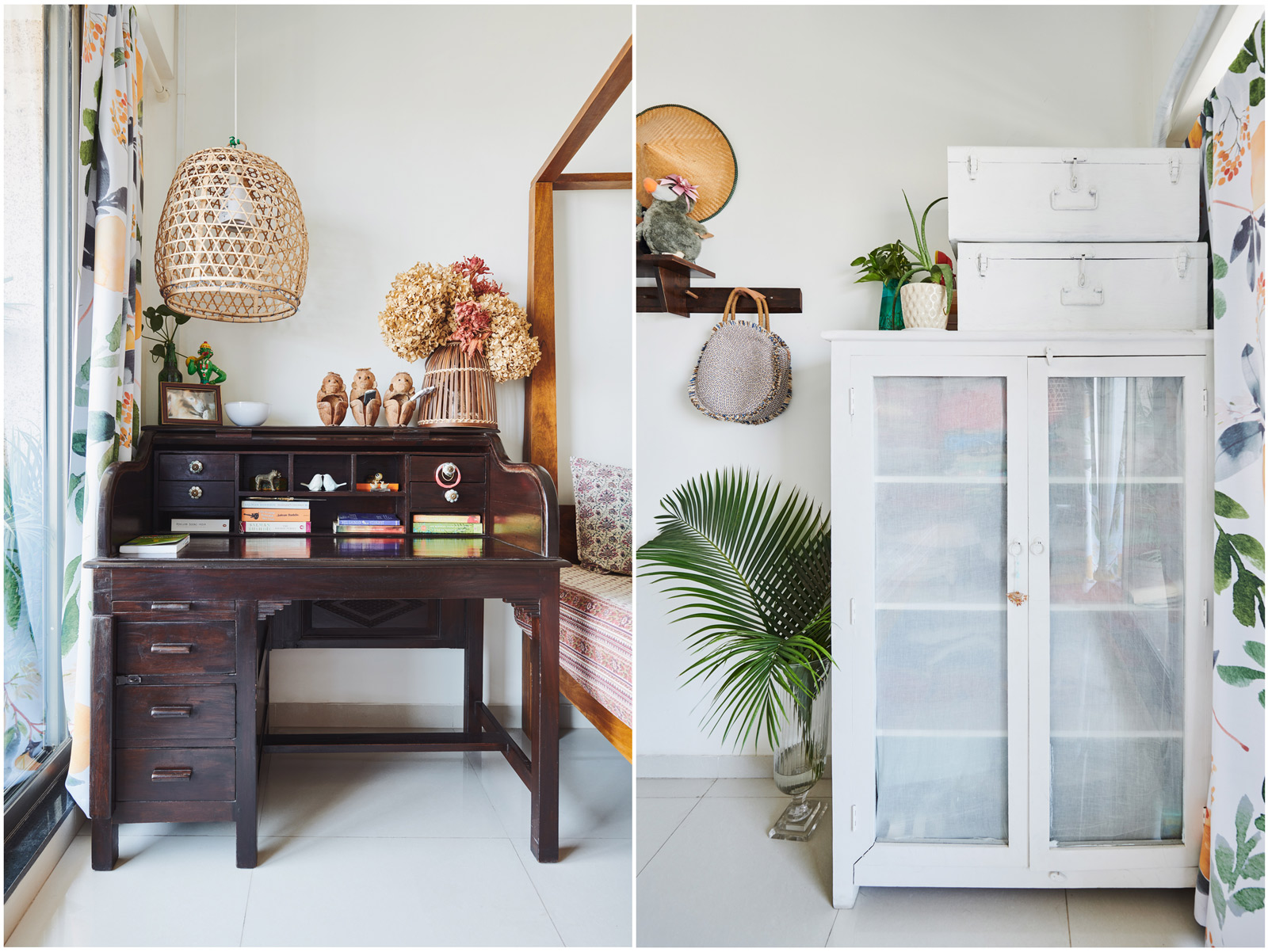 A Vintage Rosewood Desk and the cupboard and storage trunks painted in white- Beautiful Homes