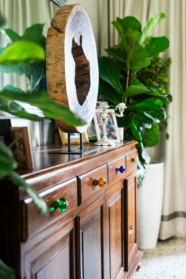 Abstract wooden art piece standing on a sideboard with colourful handles, big indoor plants in the background