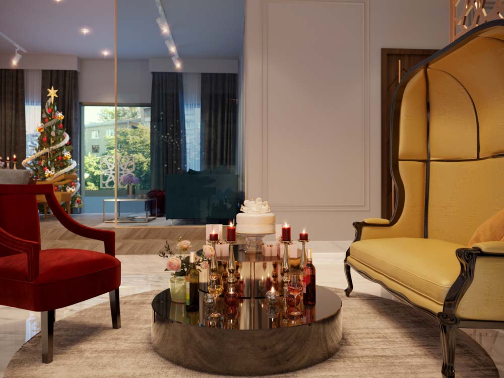 Coffee table décor with solid red candles for Christmas and New Year - Beautiful Homes