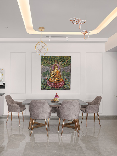 Living room with false ceiling and panelled walls