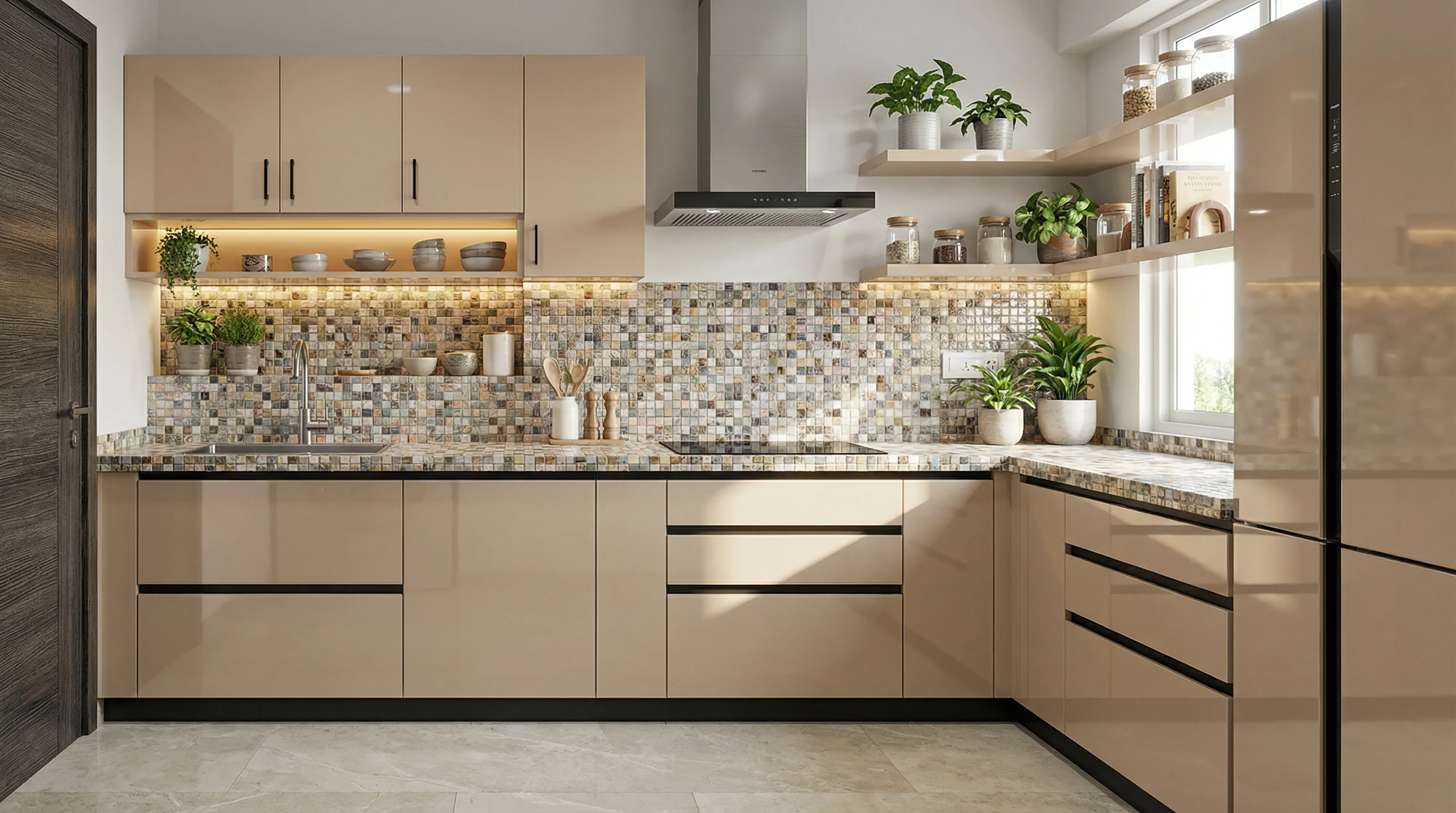 Artisanal L-Shaped Kitchen with Glossy Beige Cabinets