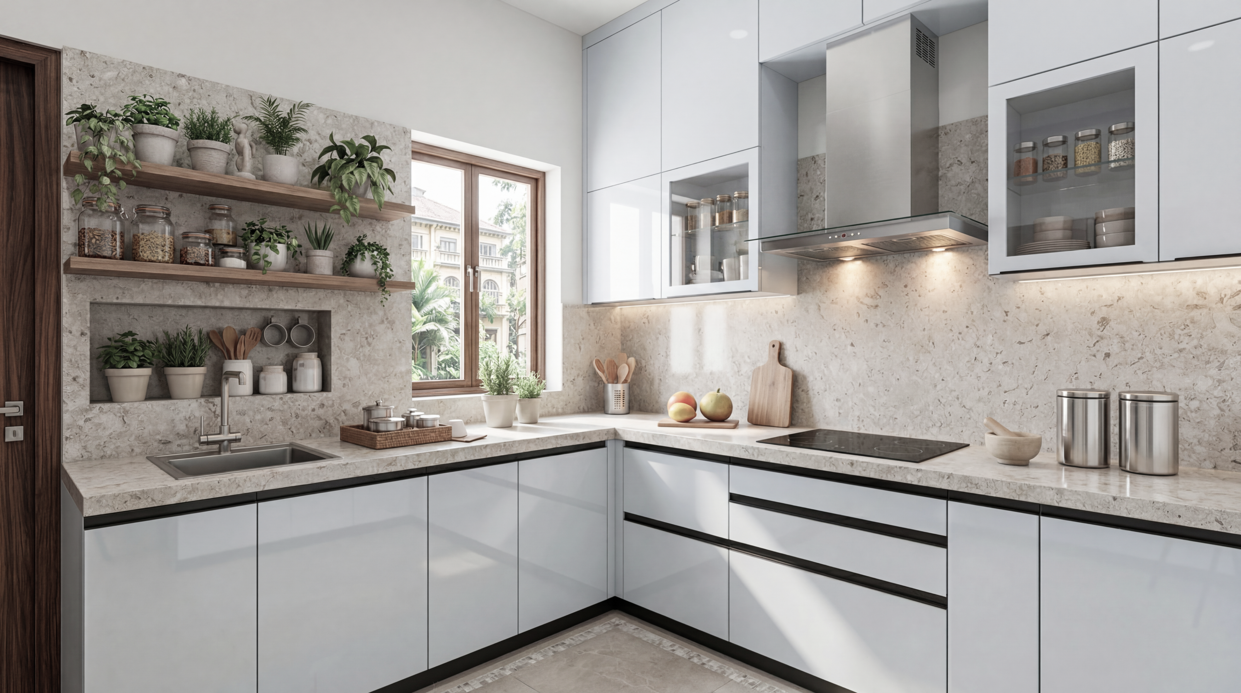 Artisanal L-Shaped Kitchen with Glossy White Cabinets