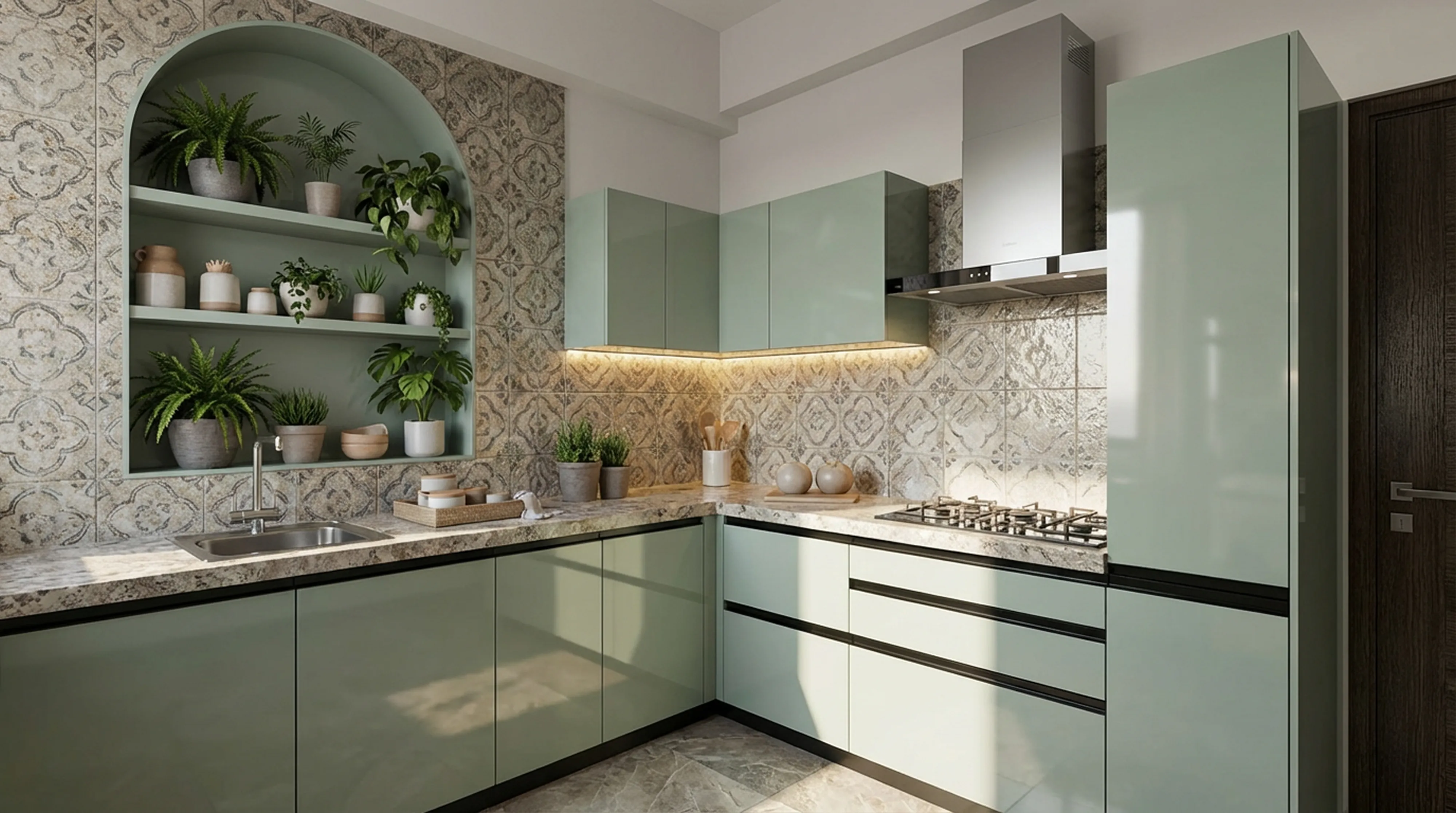 Artisanal L-Shaped Kitchen with Green Cabinets