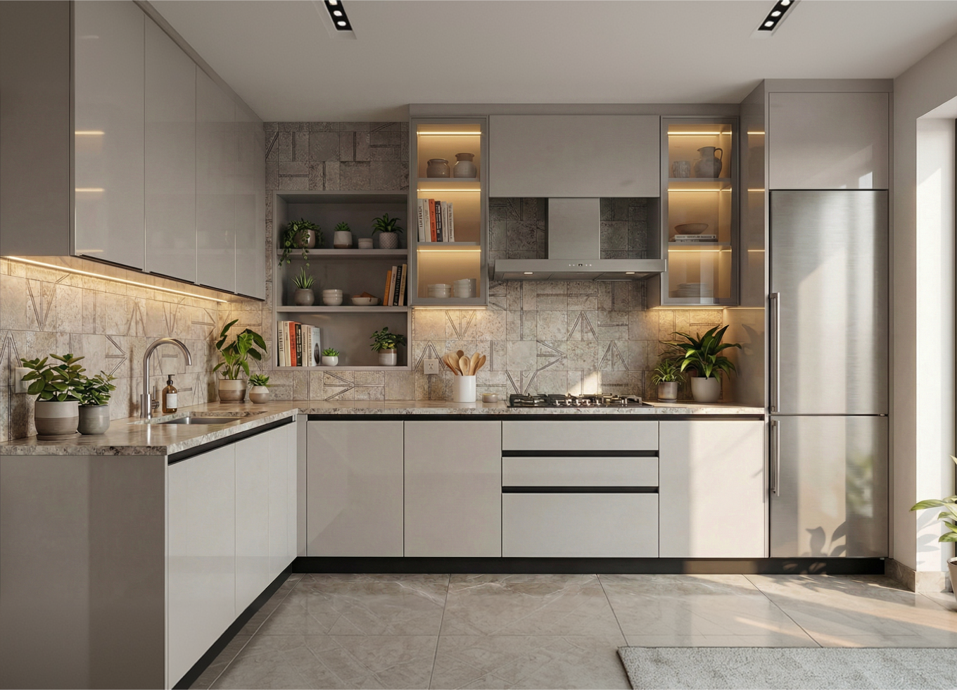 Elegant L-Shaped Kitchen with Grey Acrylic Cabinets