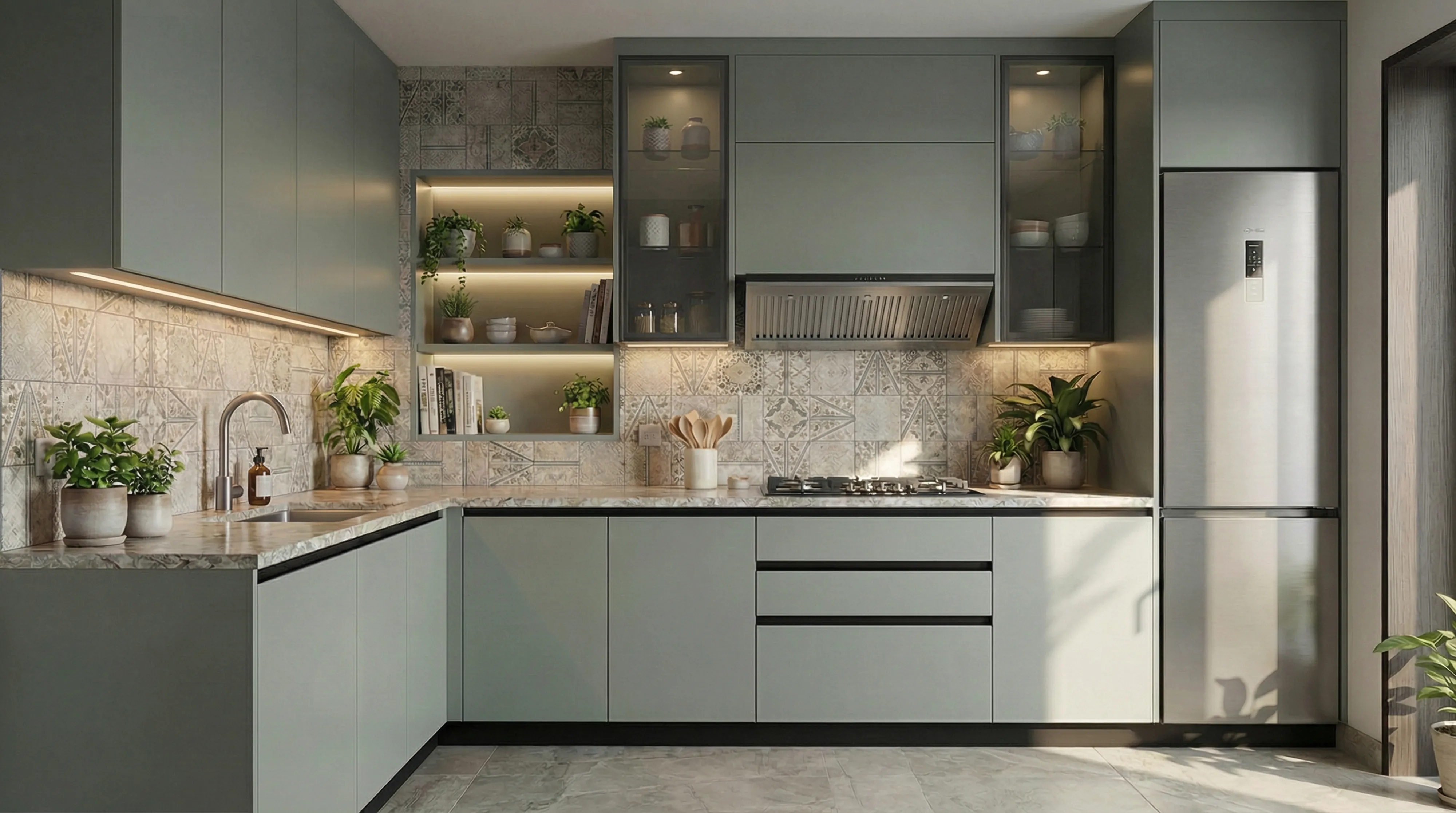 Bespoke L-Shaped Kitchen with Acacia Green Cabinets
