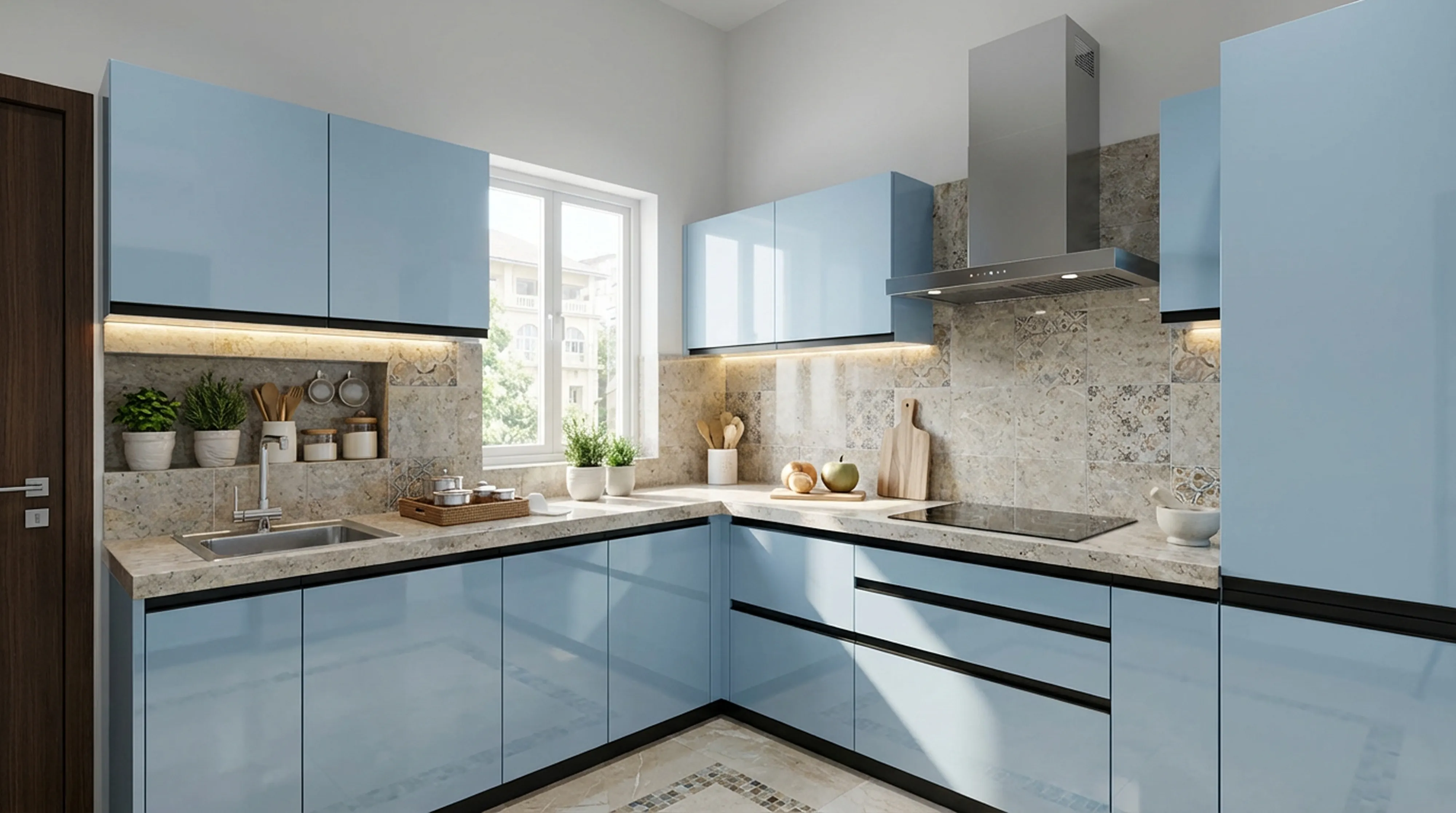 Pristine L-Shaped Kitchen with Blue Cabinets