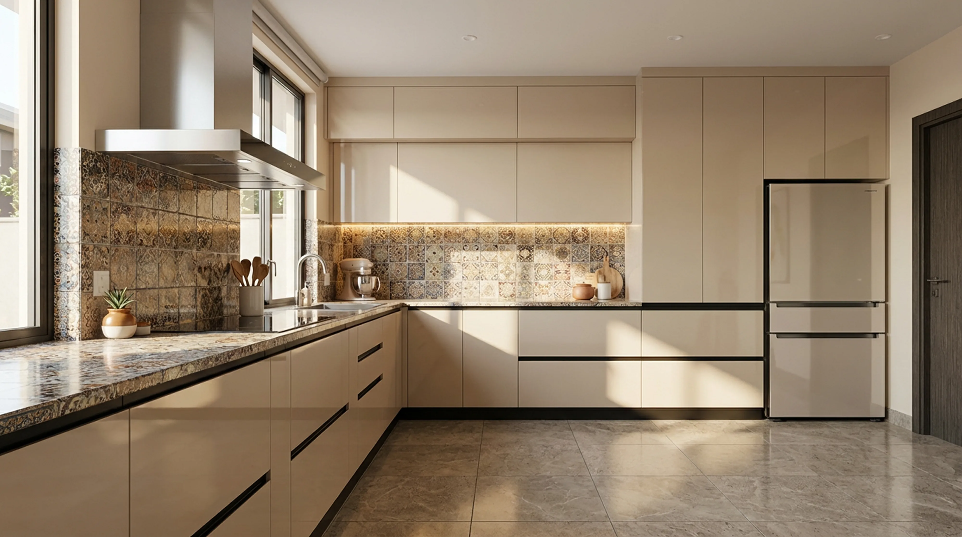 Sophisticated L-Shaped Kitchen with Irish Cream Cabinets