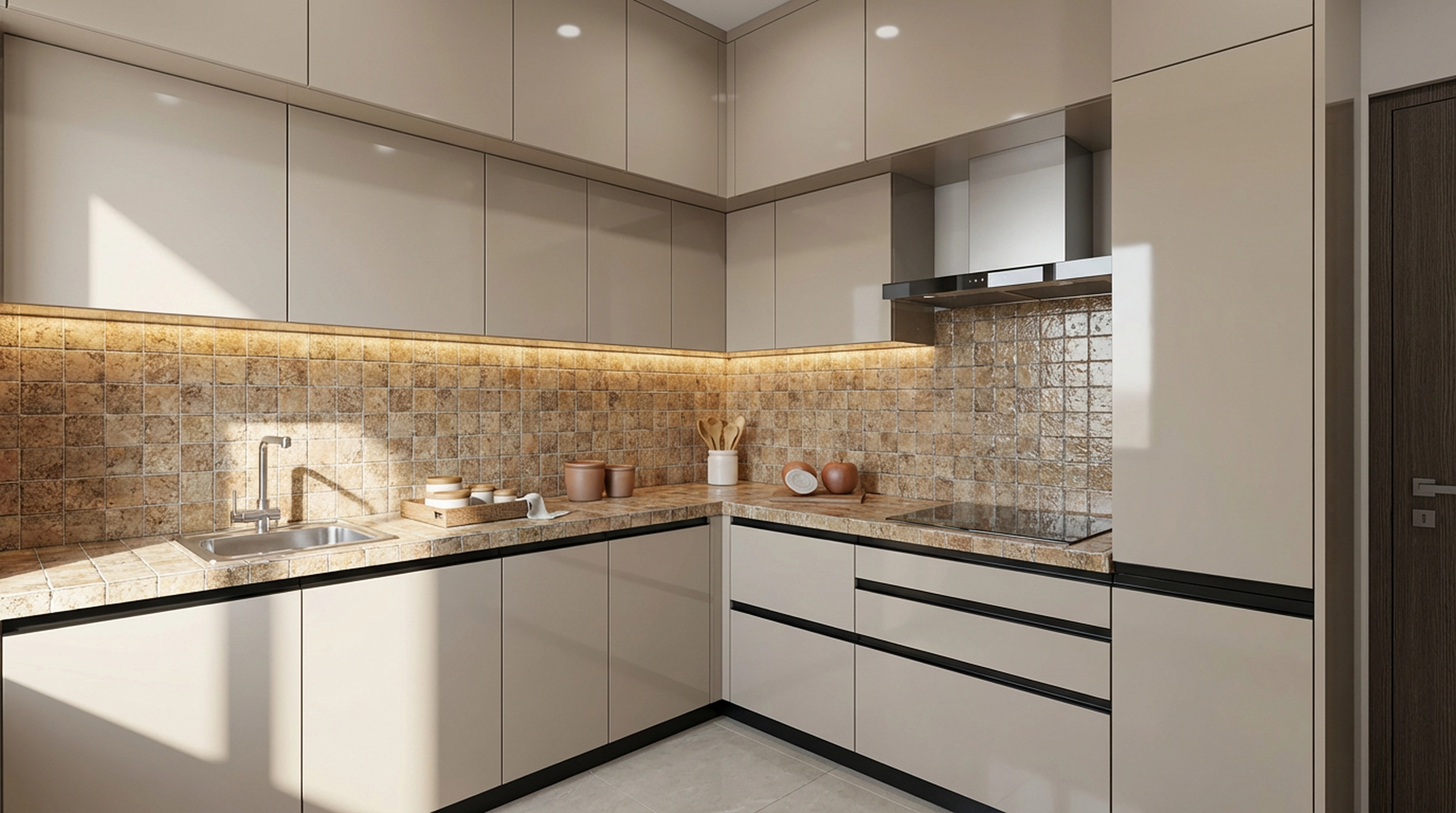 Bespoke L-Shaped Kitchen with Metallic White Cabinets