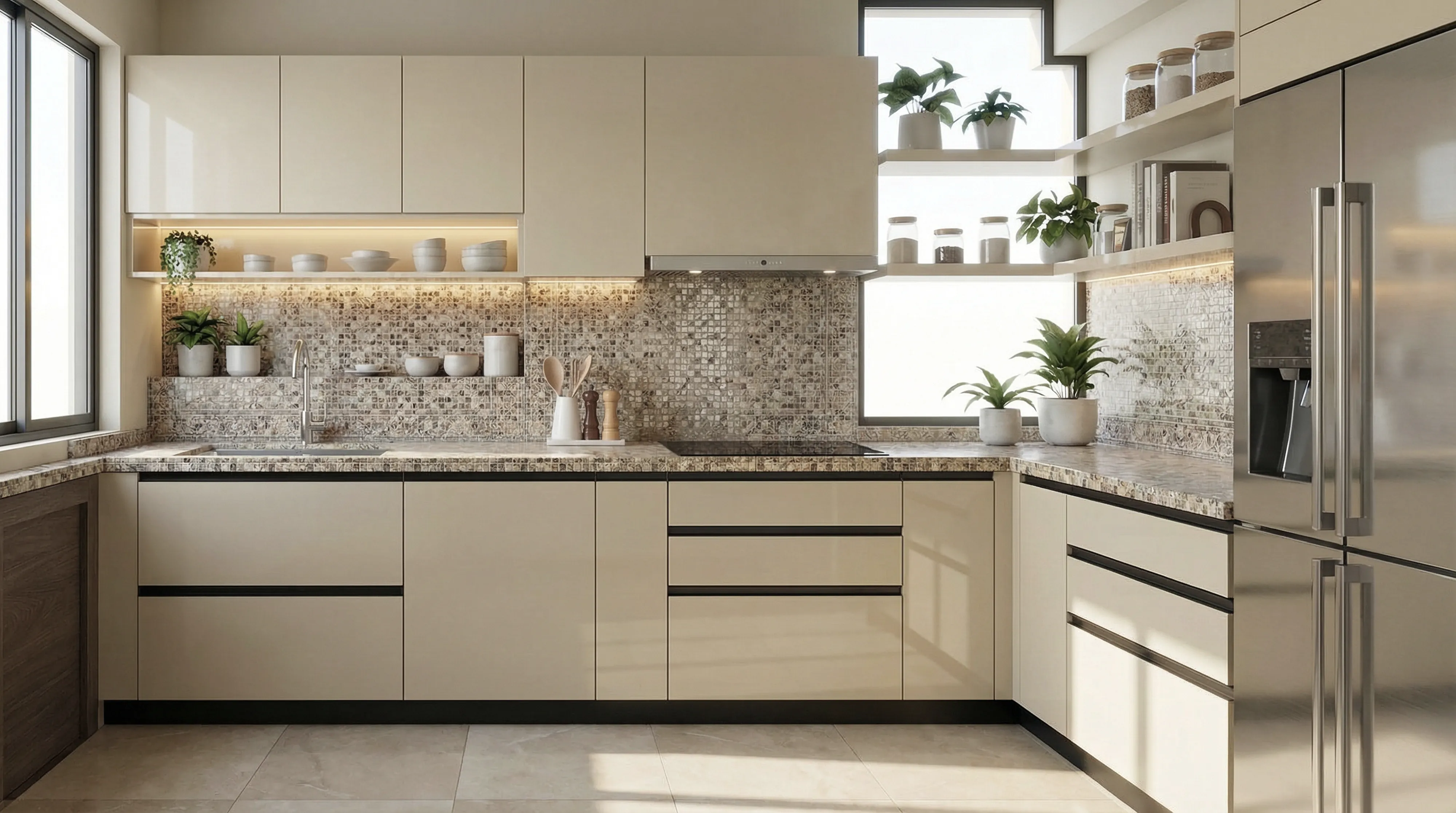 Contemporary L-Shaped Kitchen with Champagne Cabinets