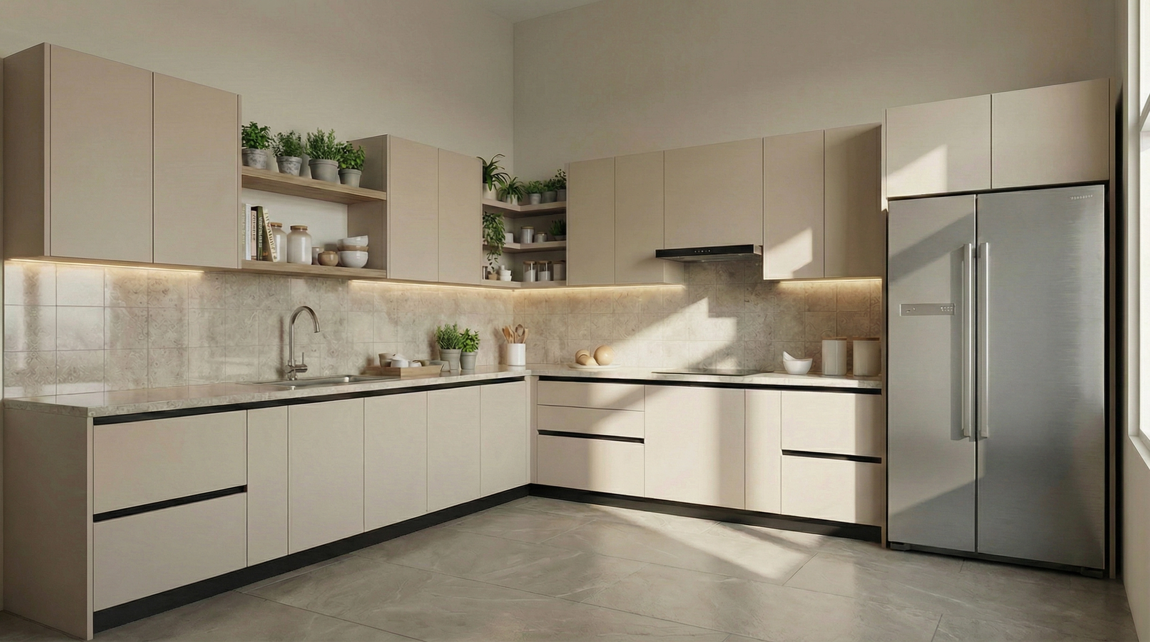 Sophisticated L-Shaped Kitchen with Peanut Cabinets