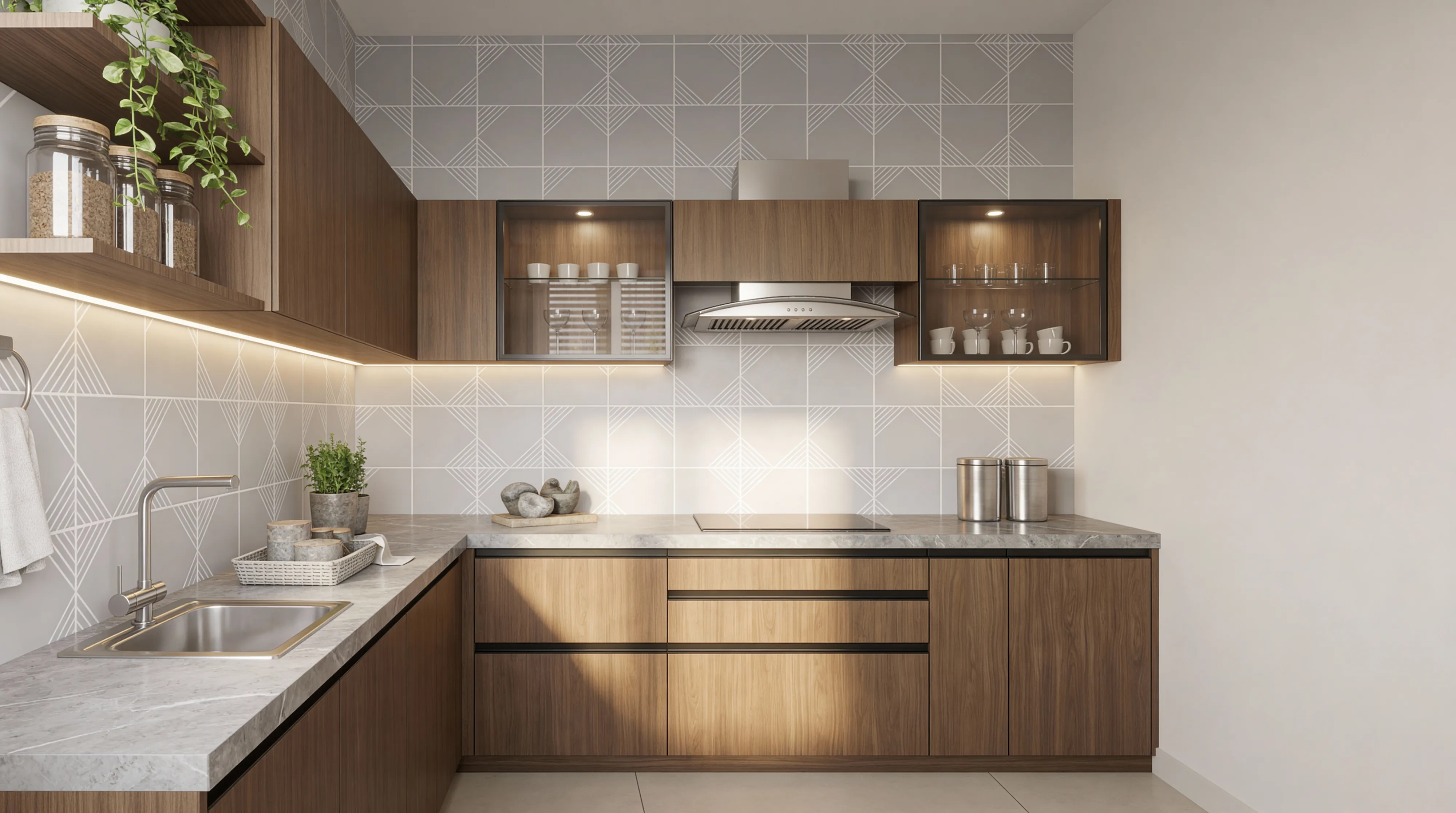 Timeless L-Shaped Kitchen with Walnut Wooden Cabinets