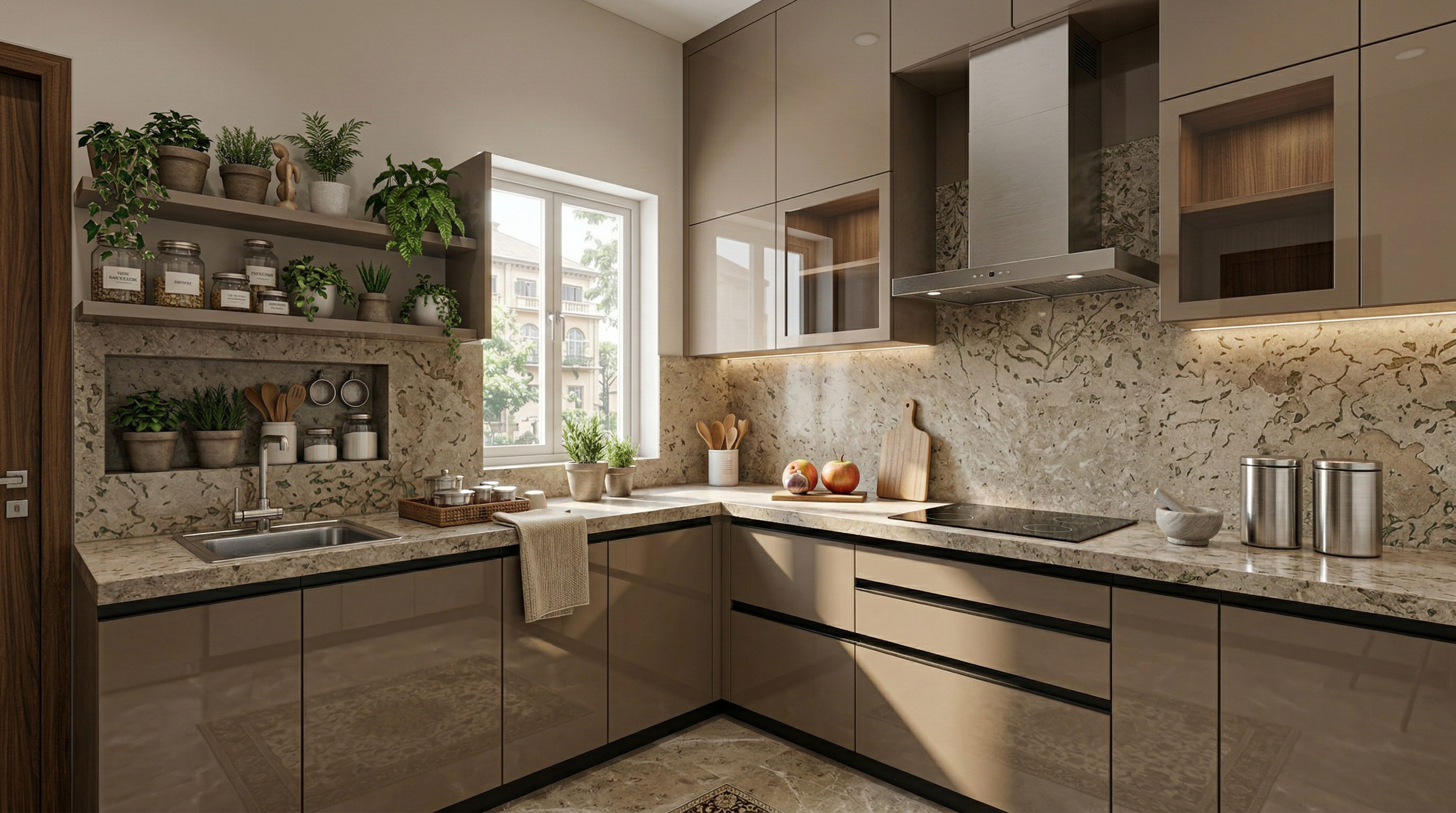 Warm L-Shaped Kitchen with Earthy Brown Cabinets