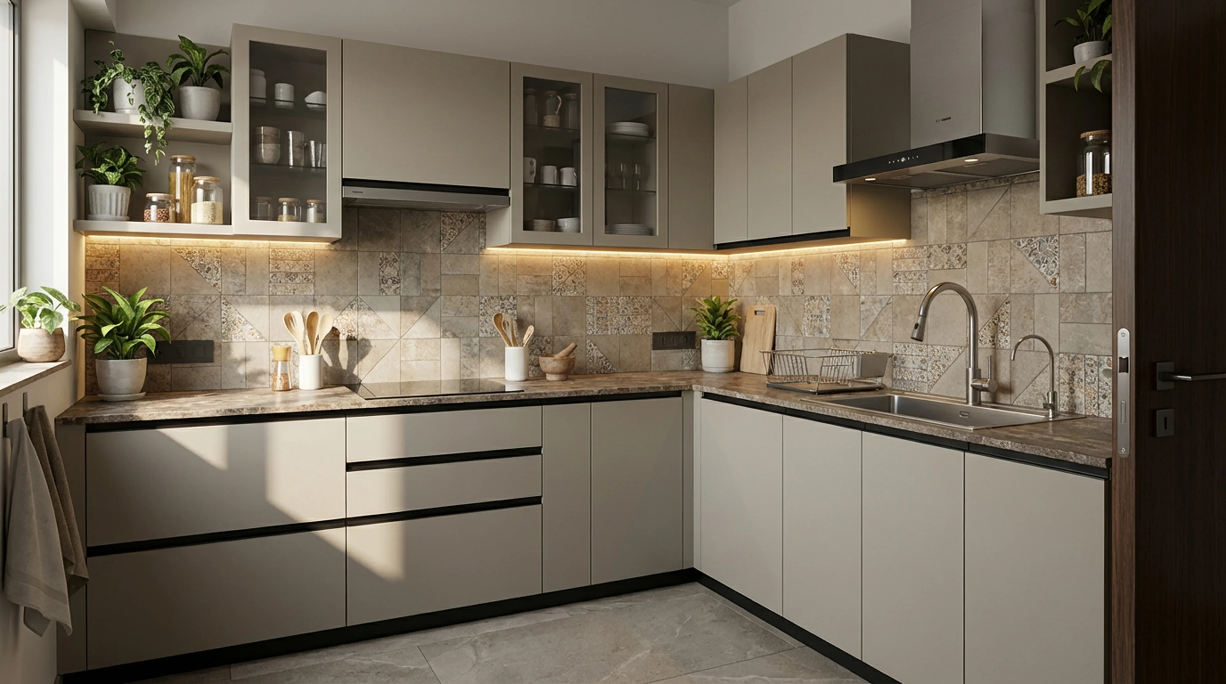 Contemporary L-Shaped Kitchen with Matt Sand Cabinets