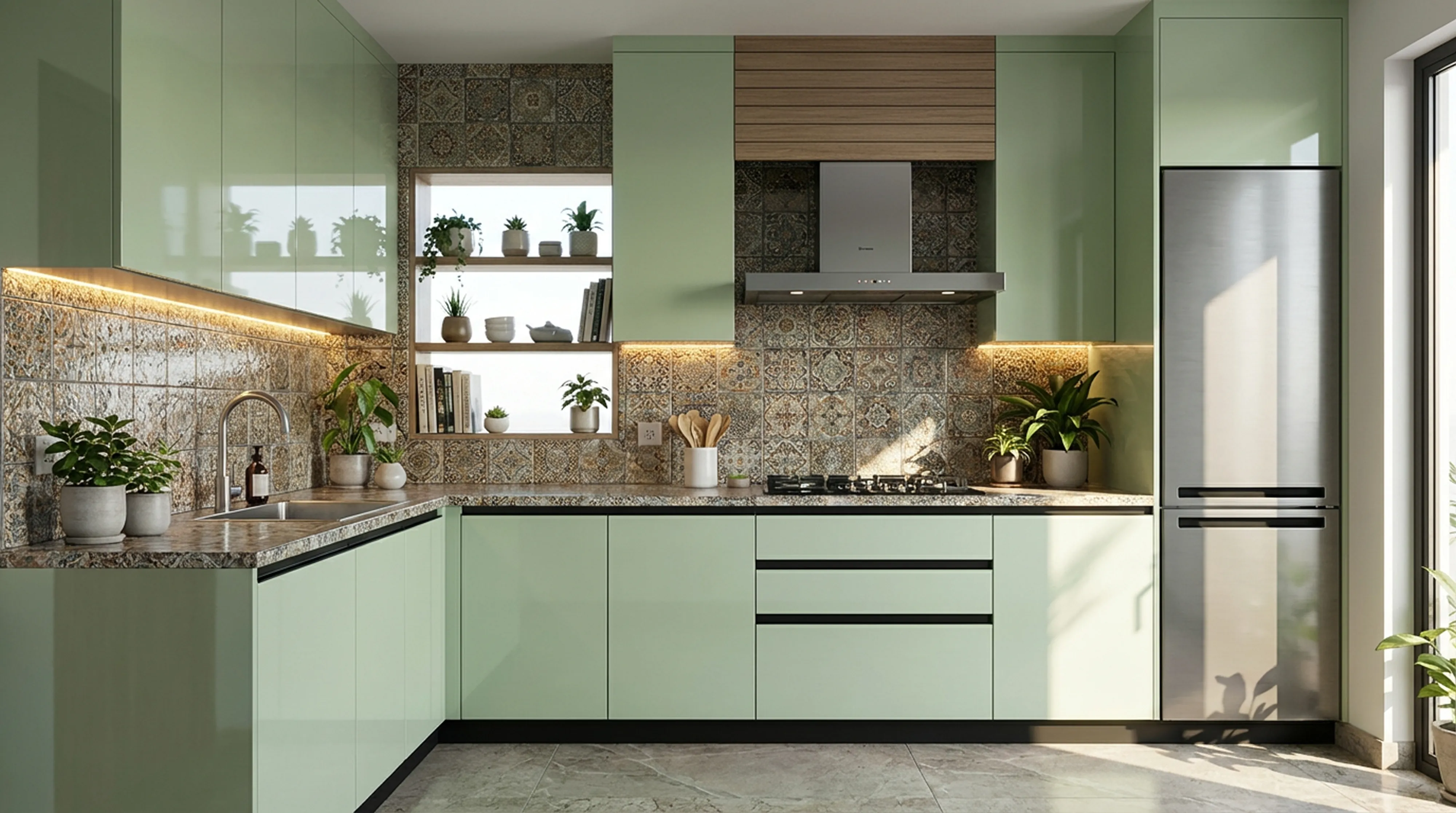 Contemporary L-Shaped Kitchen with Glossy Mint Cabinets