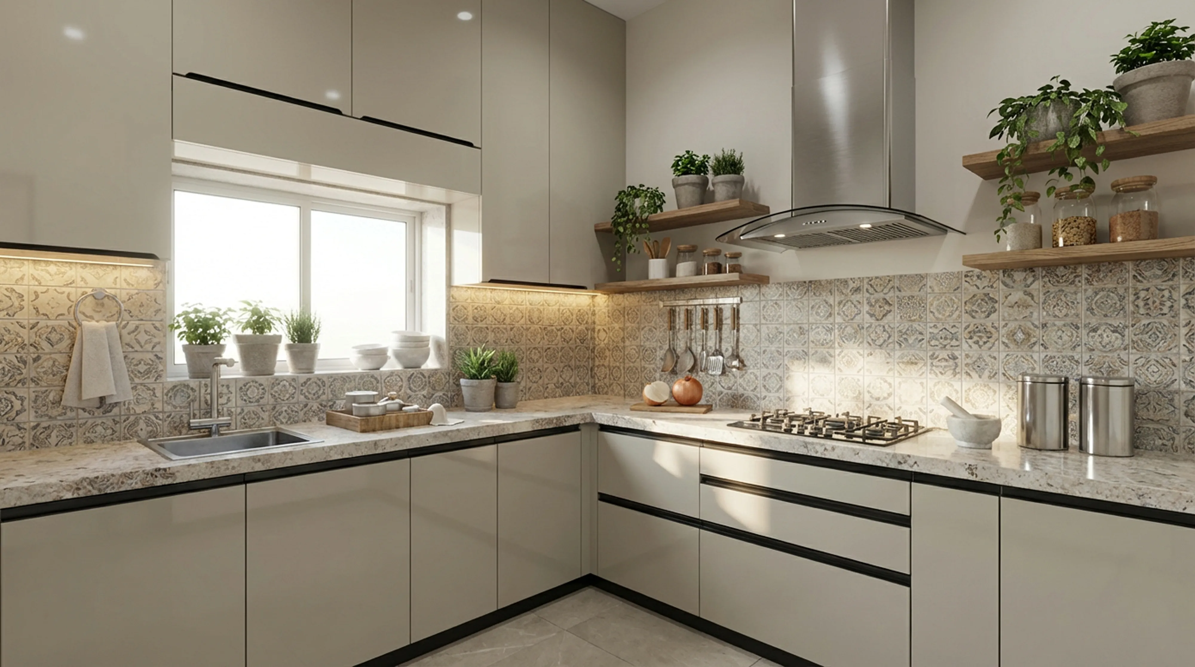 Contemporary L-Shaped Kitchen with Glossy Sand Cabinets
