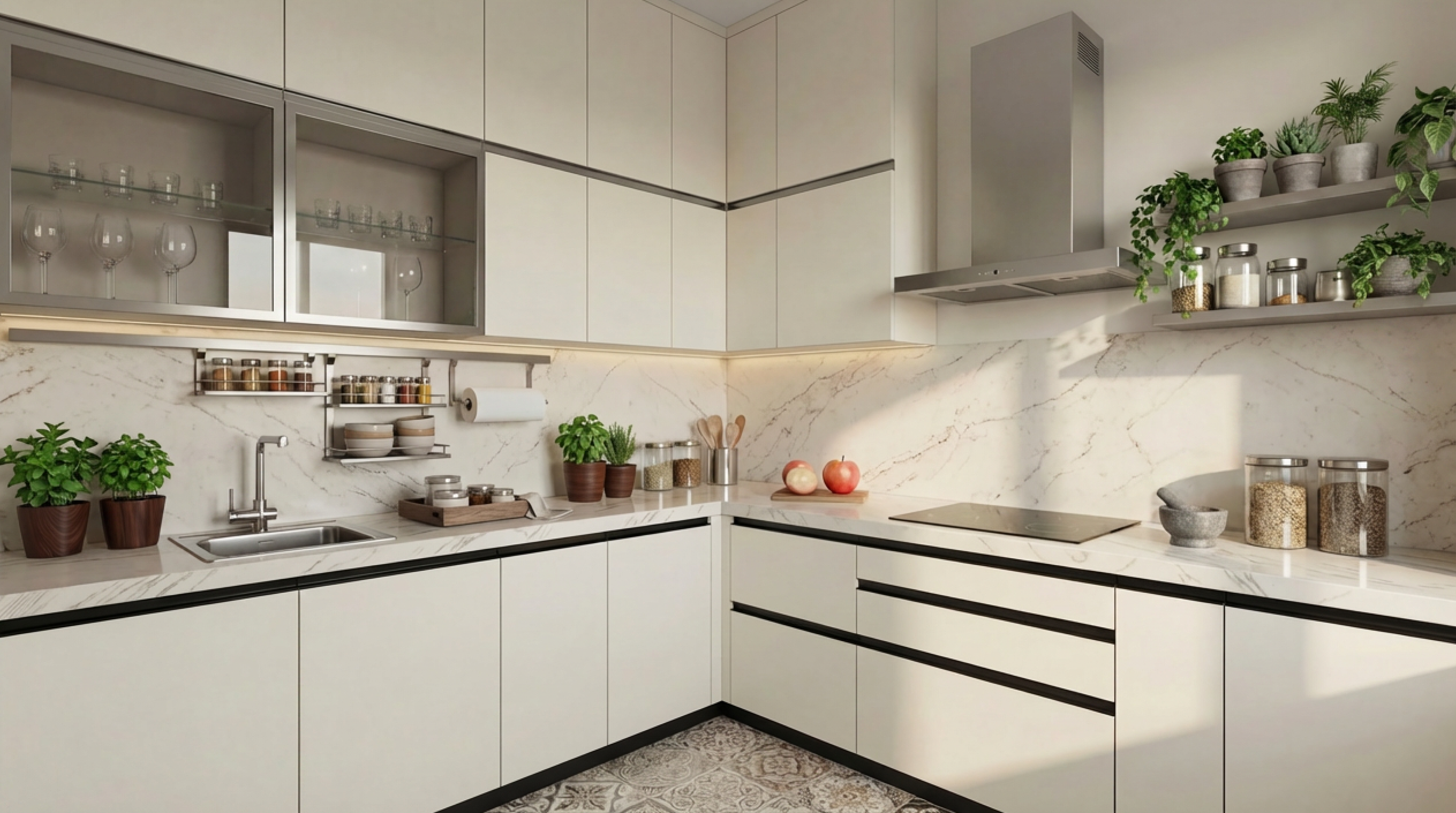 Refined L-Shaped Kitchen with Glossy White Cabinets