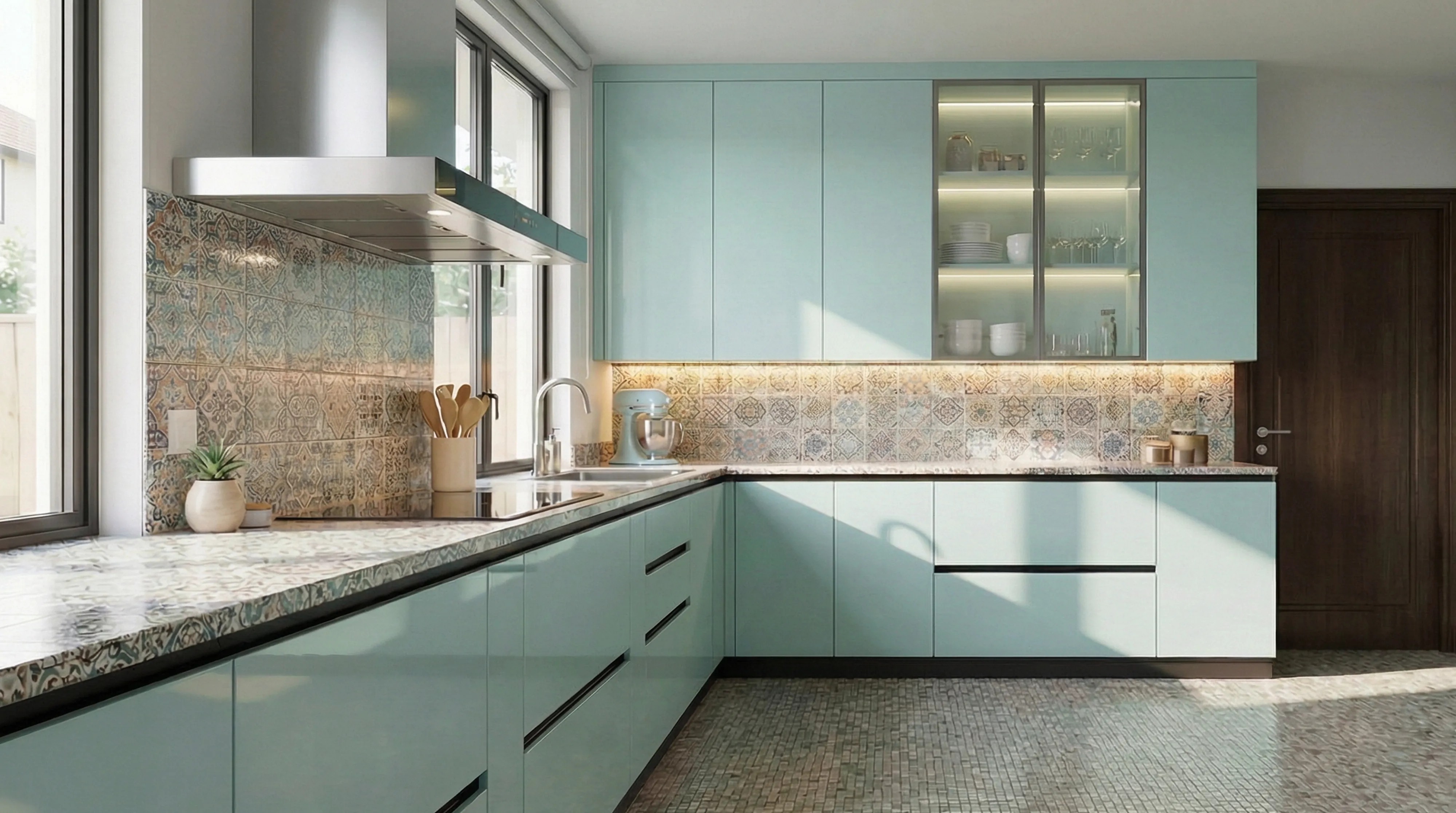 Artisanal L-Shaped Kitchen with Mint Green Cabinets