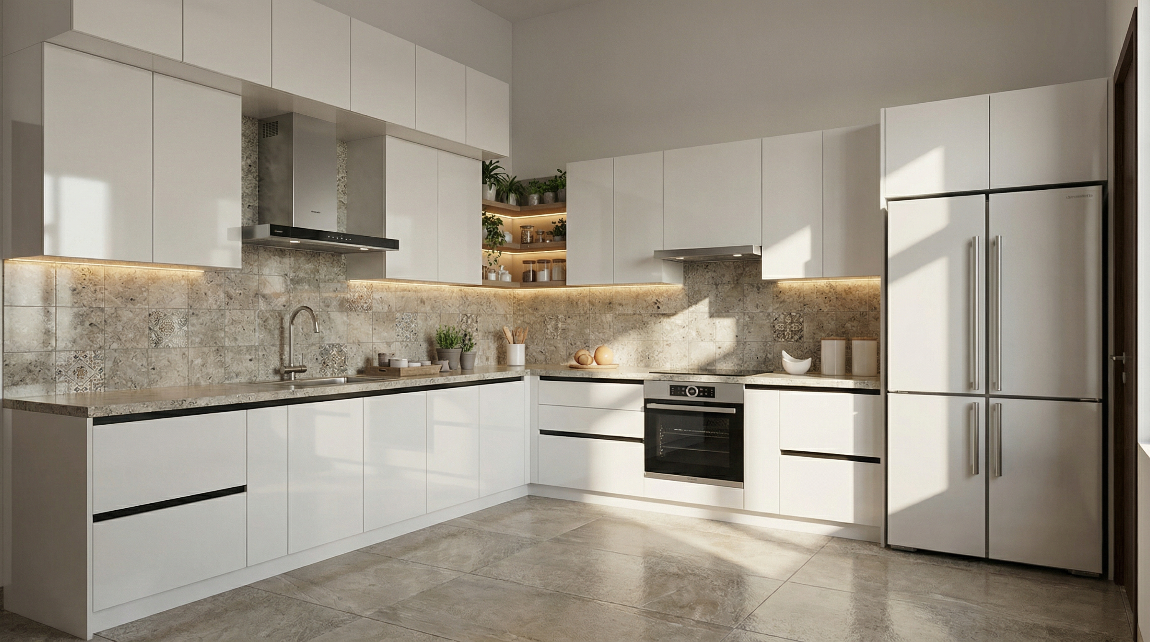 Elegant L-Shaped Kitchen with Glossy White PU Cabinets