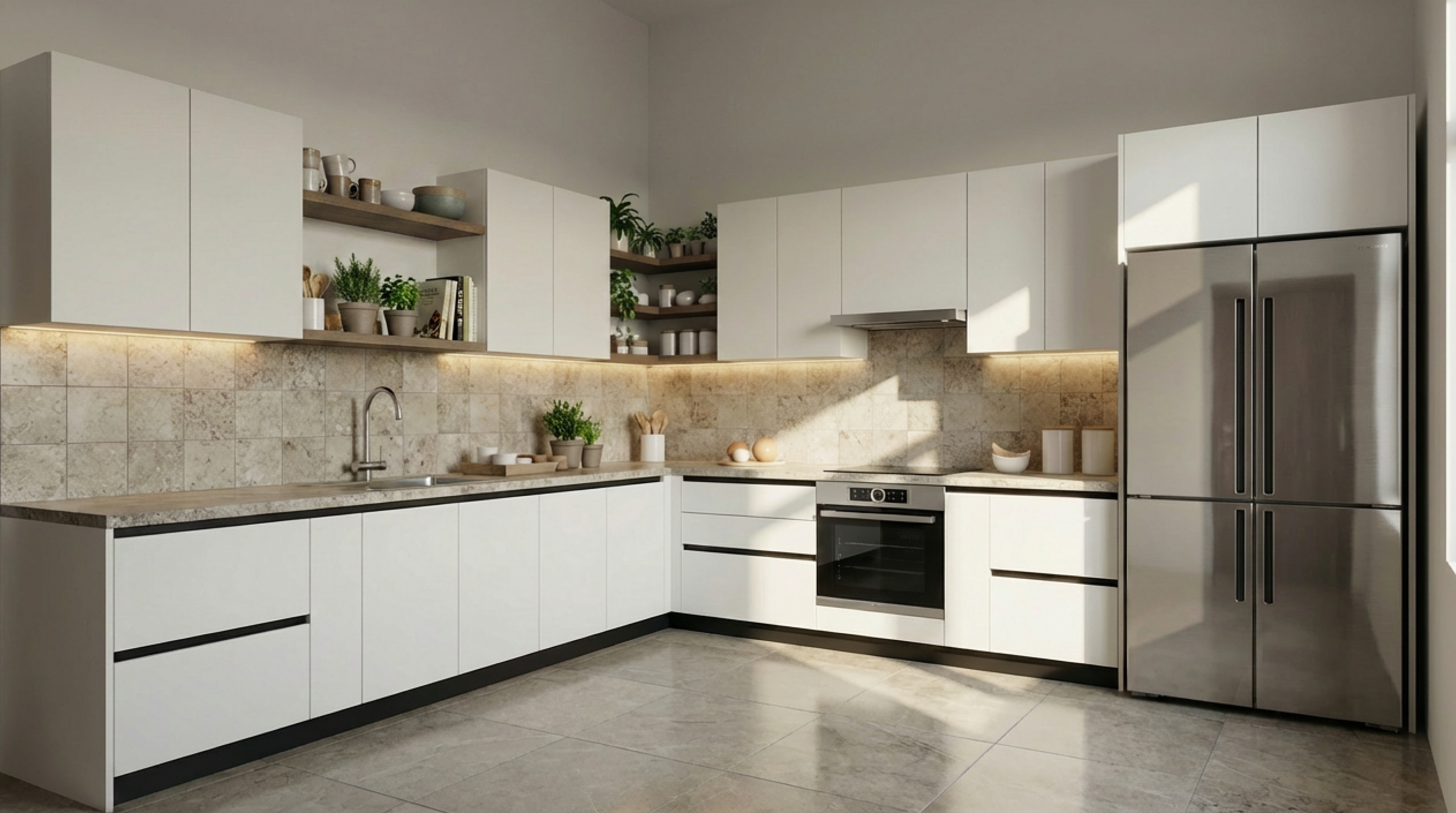 Bespoke L-Shaped Kitchen with Matt White PU Cabinets