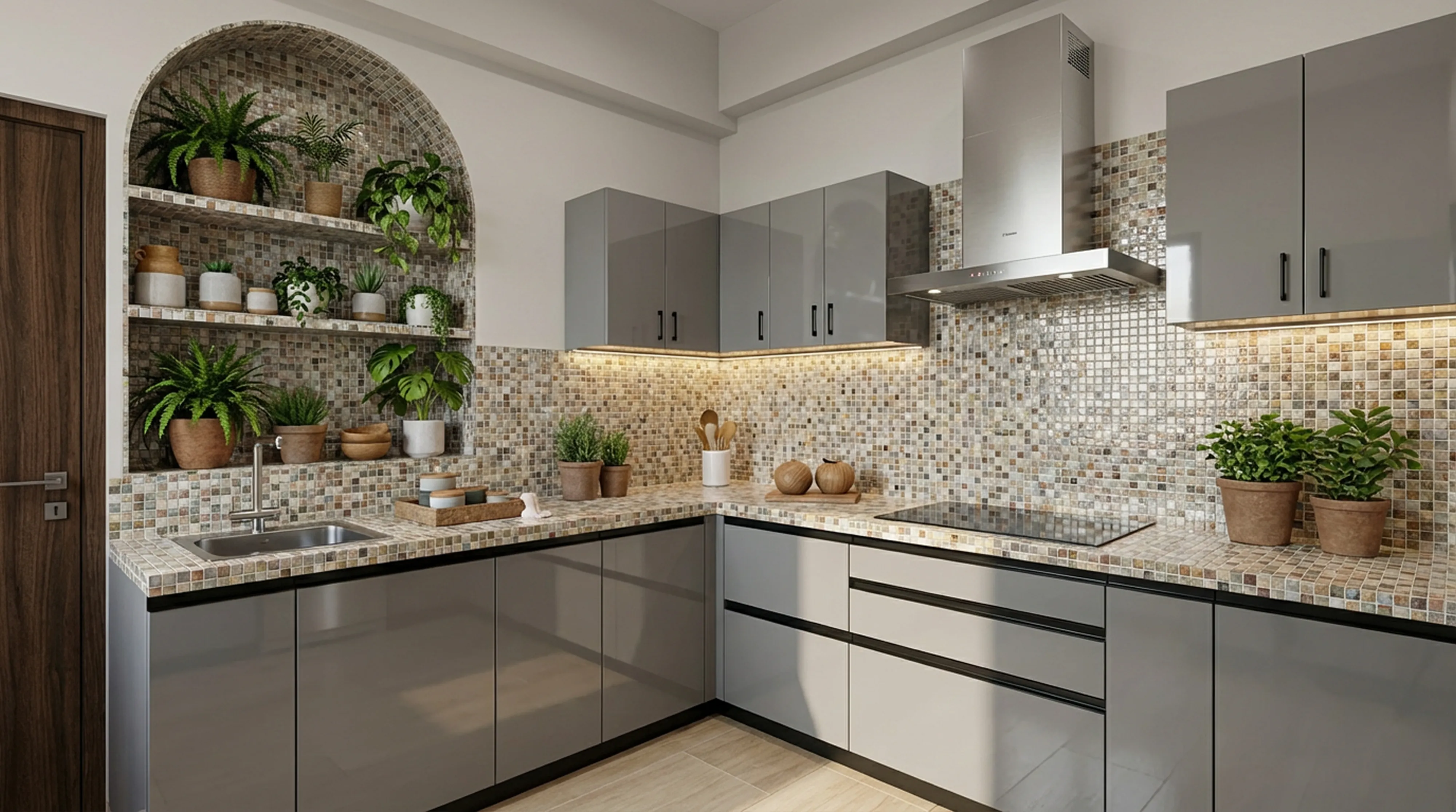 Bespoke L-Shaped Kitchen with Glossy Grey PU Cabinets