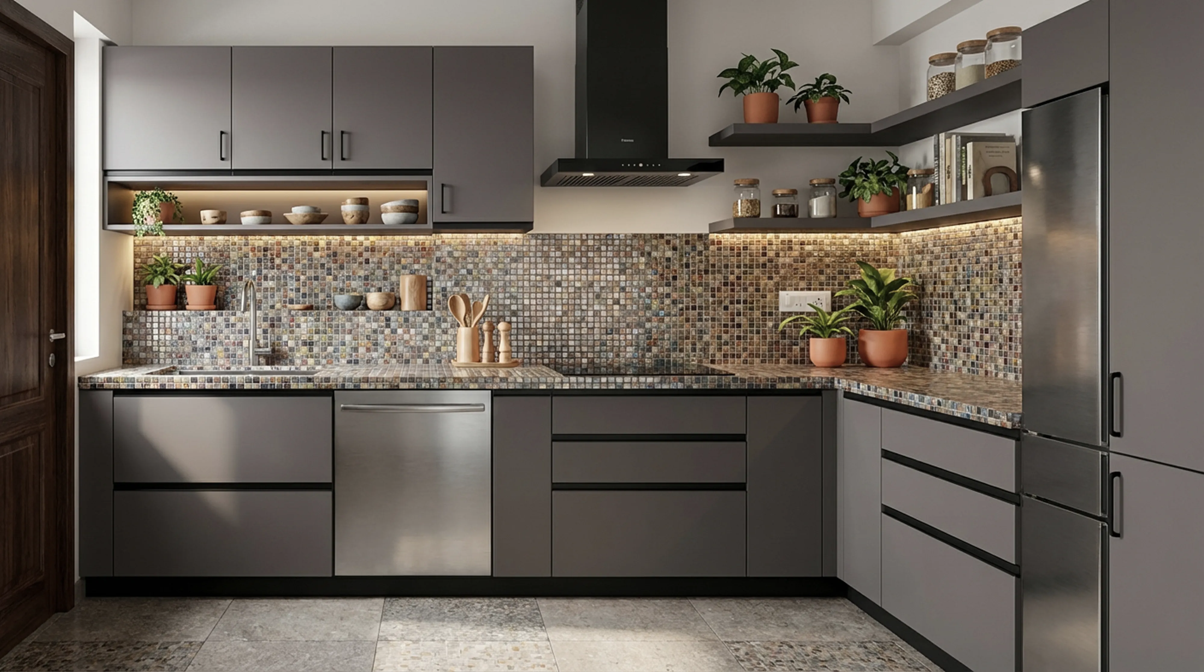 Timeless L-Shaped Kitchen with Matt Grey PU Cabinets