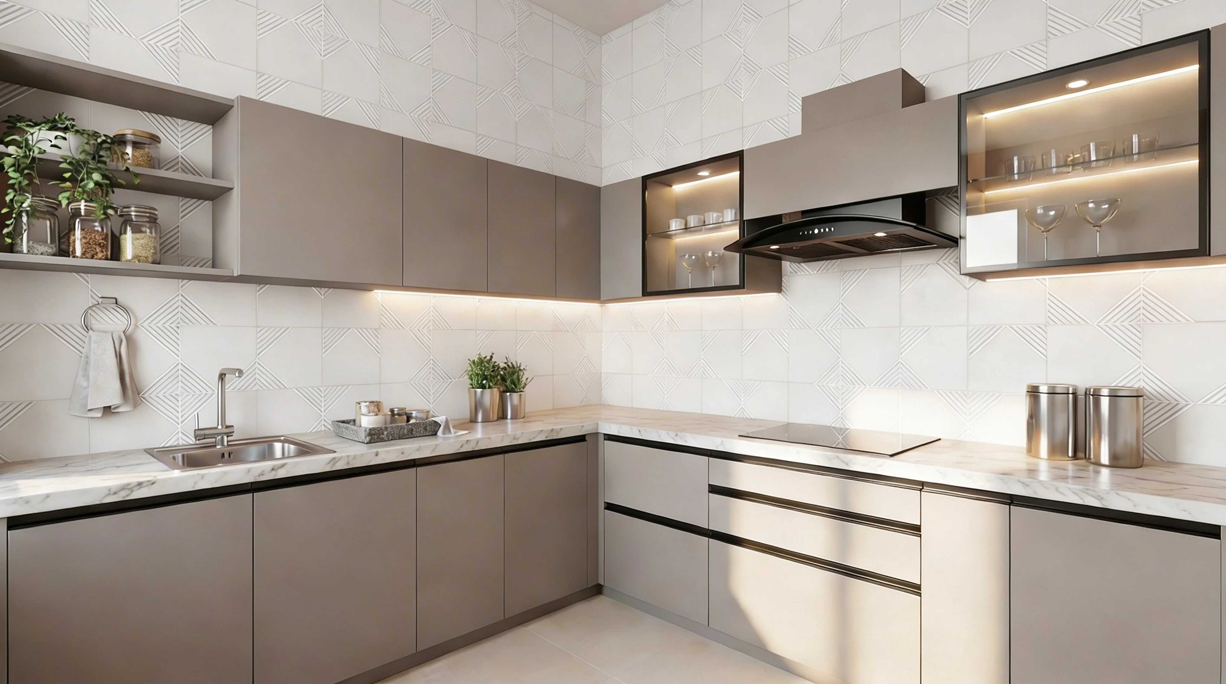 Elegant L-Shaped Kitchen with Matt Grey Brown PU Cabinets
