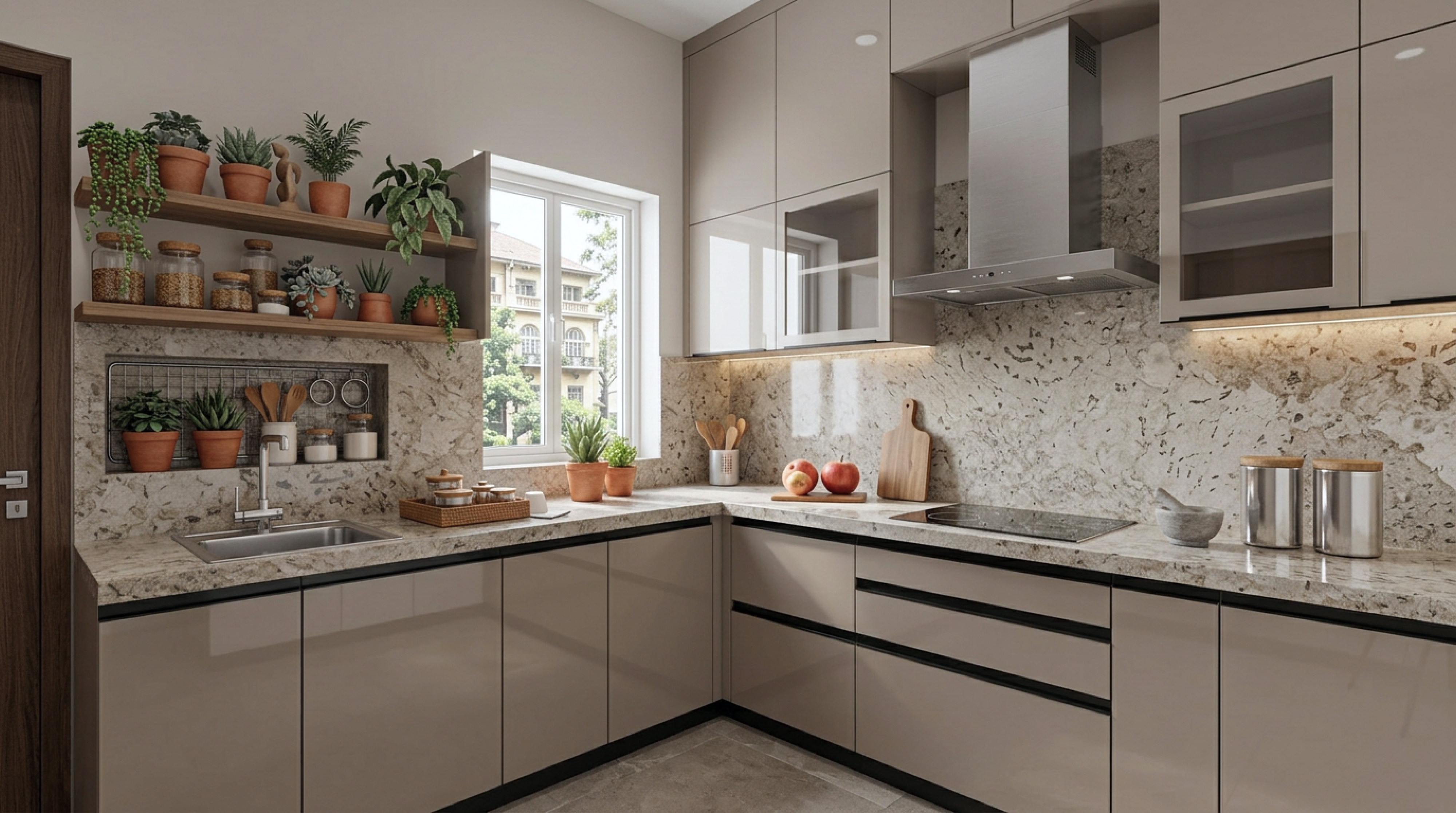 Modern L-Shaped Kitchen with Glossy Jersey Grey Cabinets