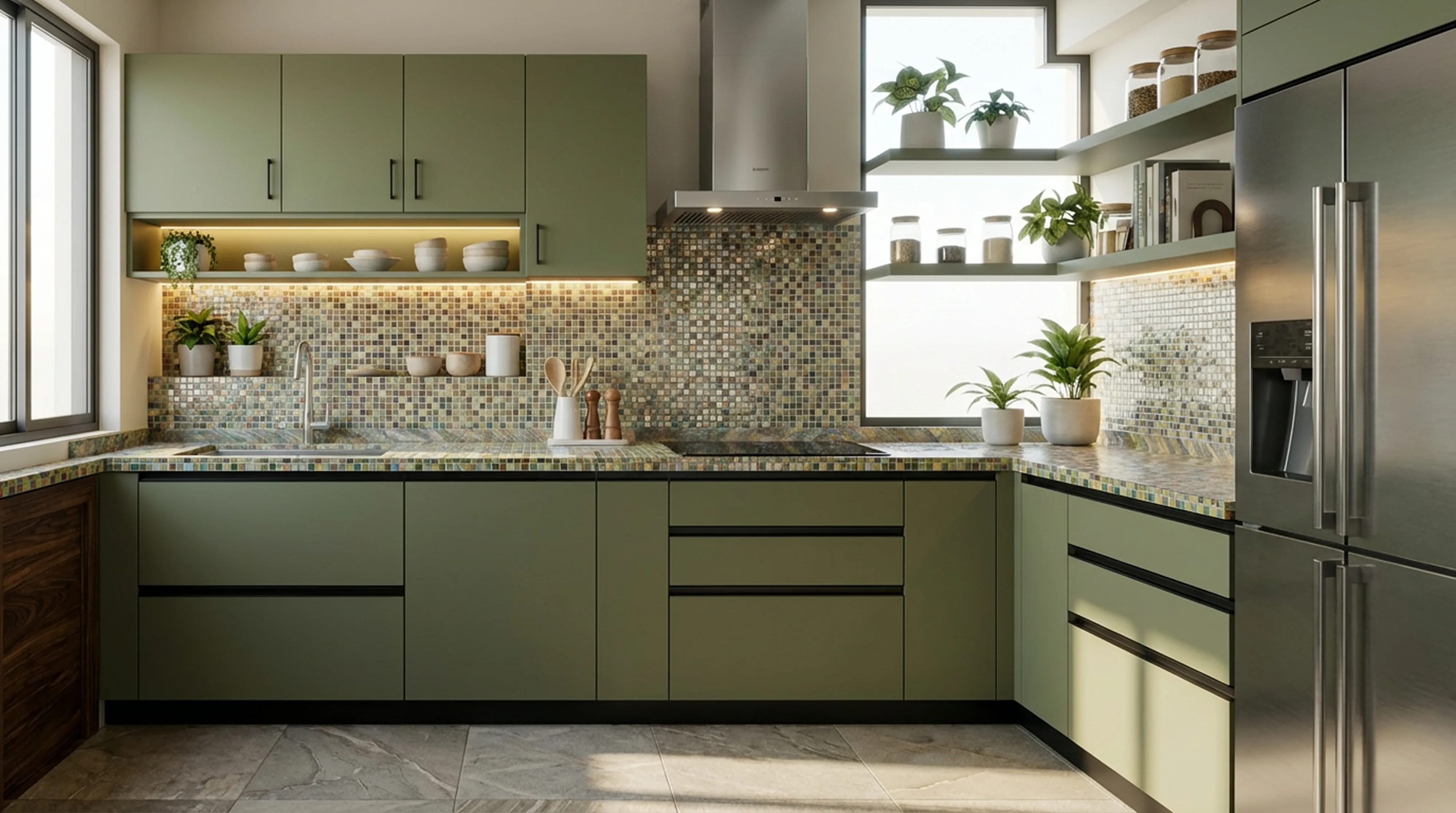Pristine L-Shaped Kitchen with Matt Sea Green PU Cabinets