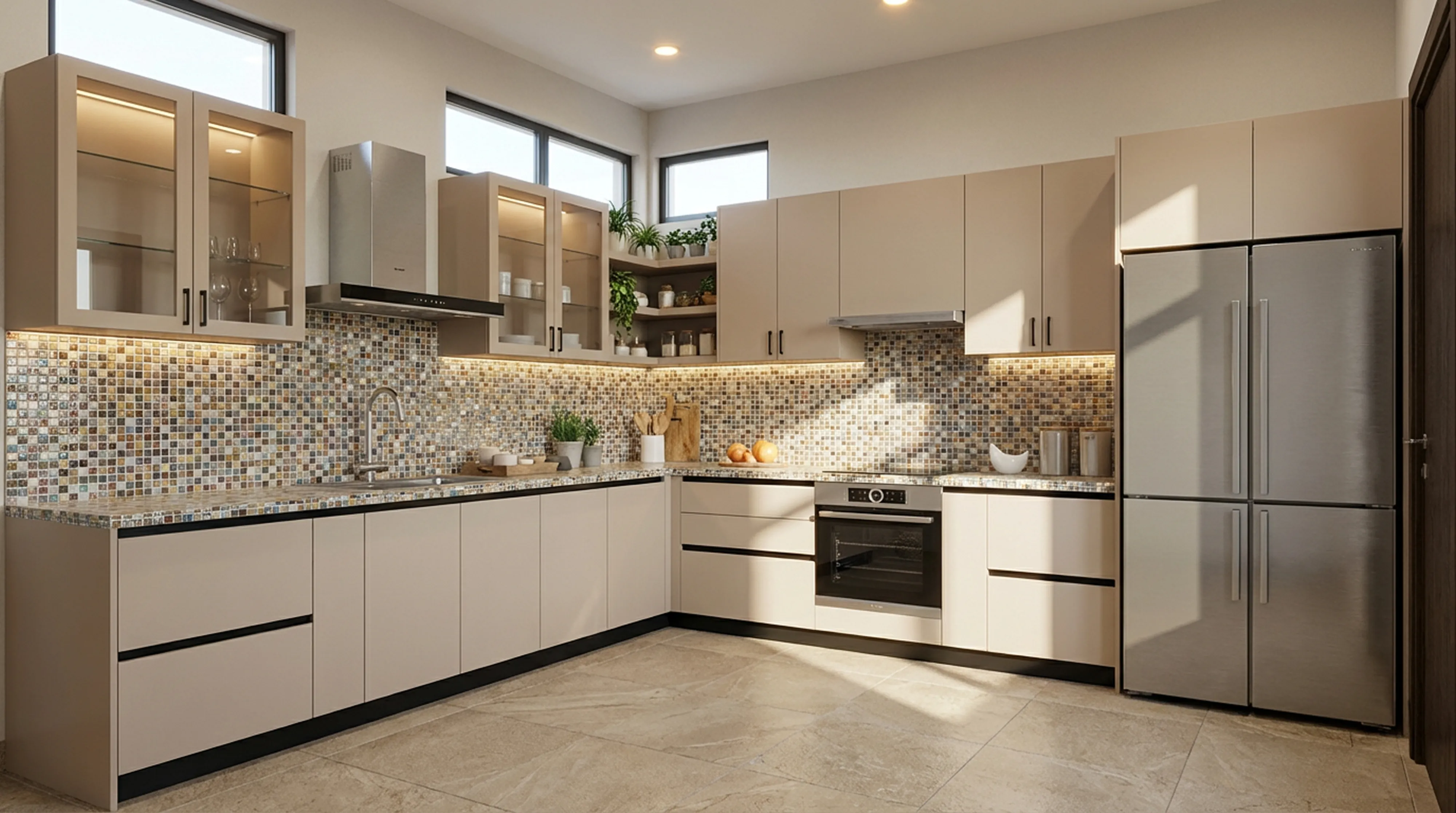 Artisanal L-Shaped Kitchen with Matt Beige PU Cabinets