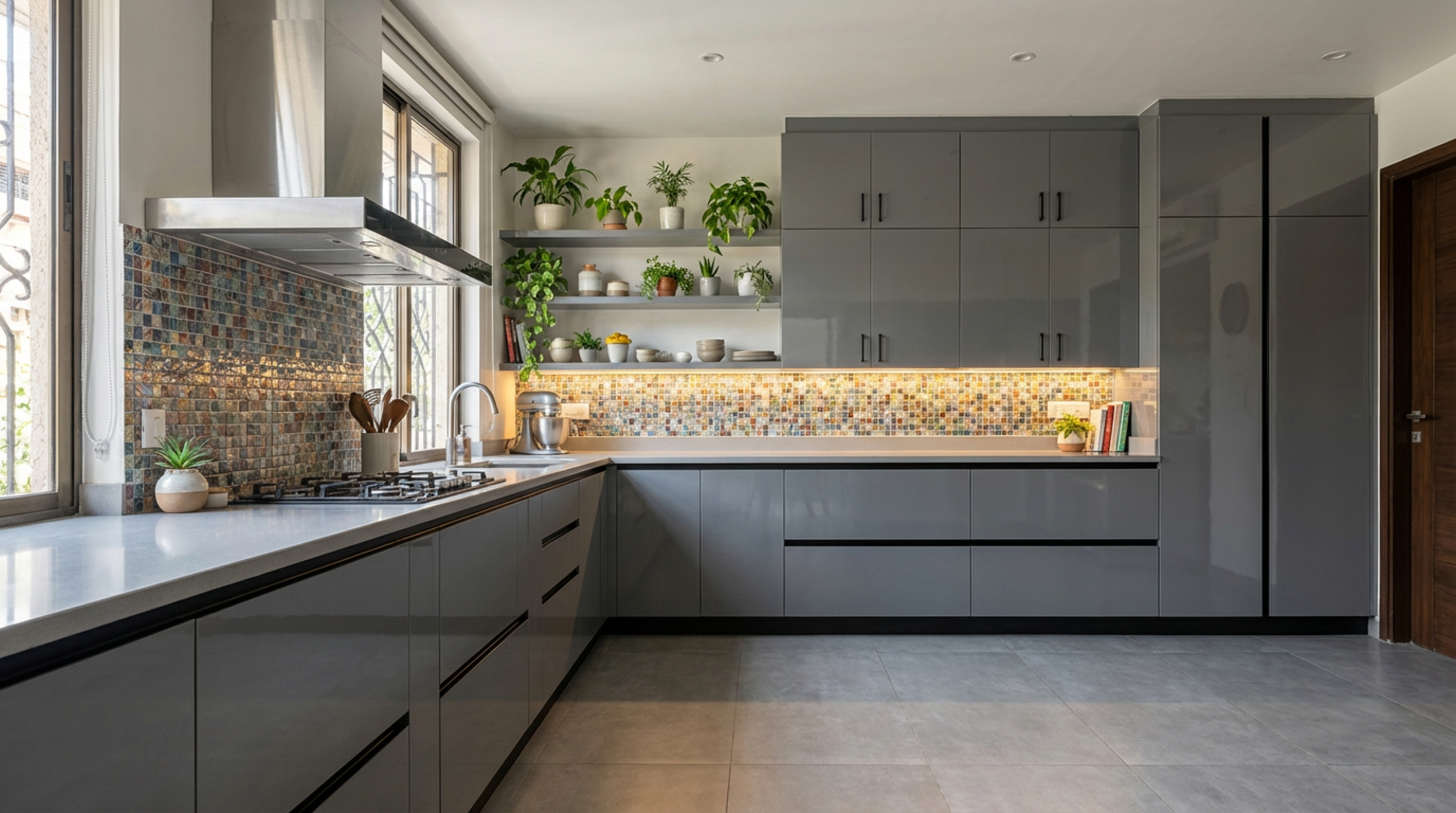 Bespoke L-Shaped Kitchen with Glossy Blue Grey PU Cabinets