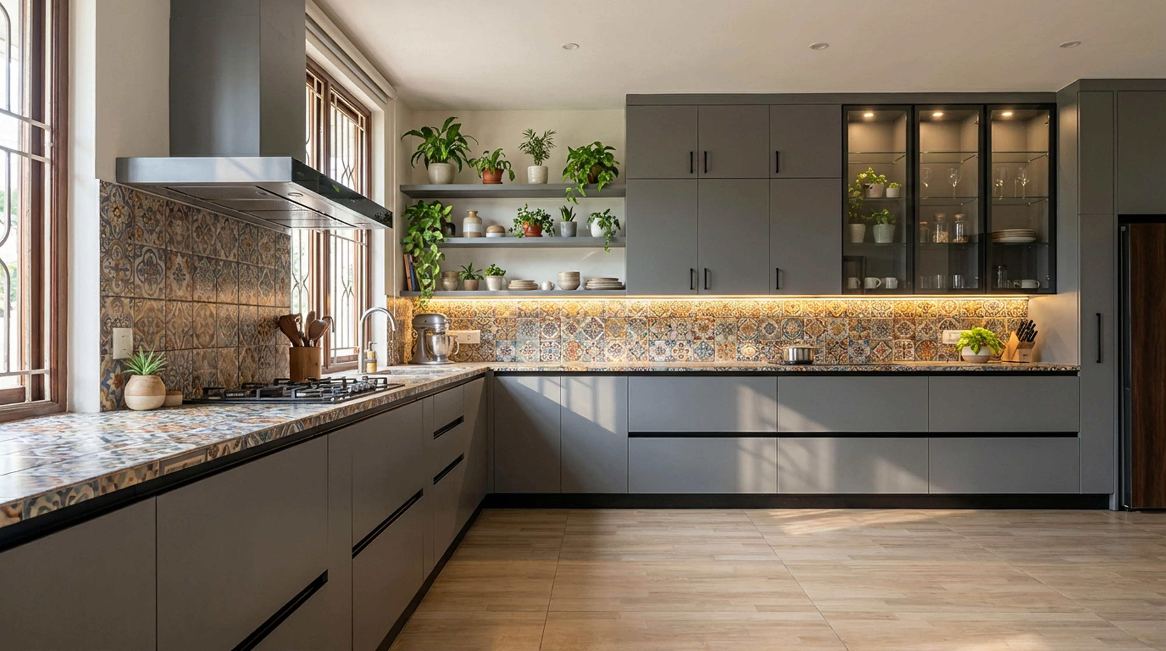 Modern L-Shaped Kitchen with Matt Blue Grey PU Cabinets