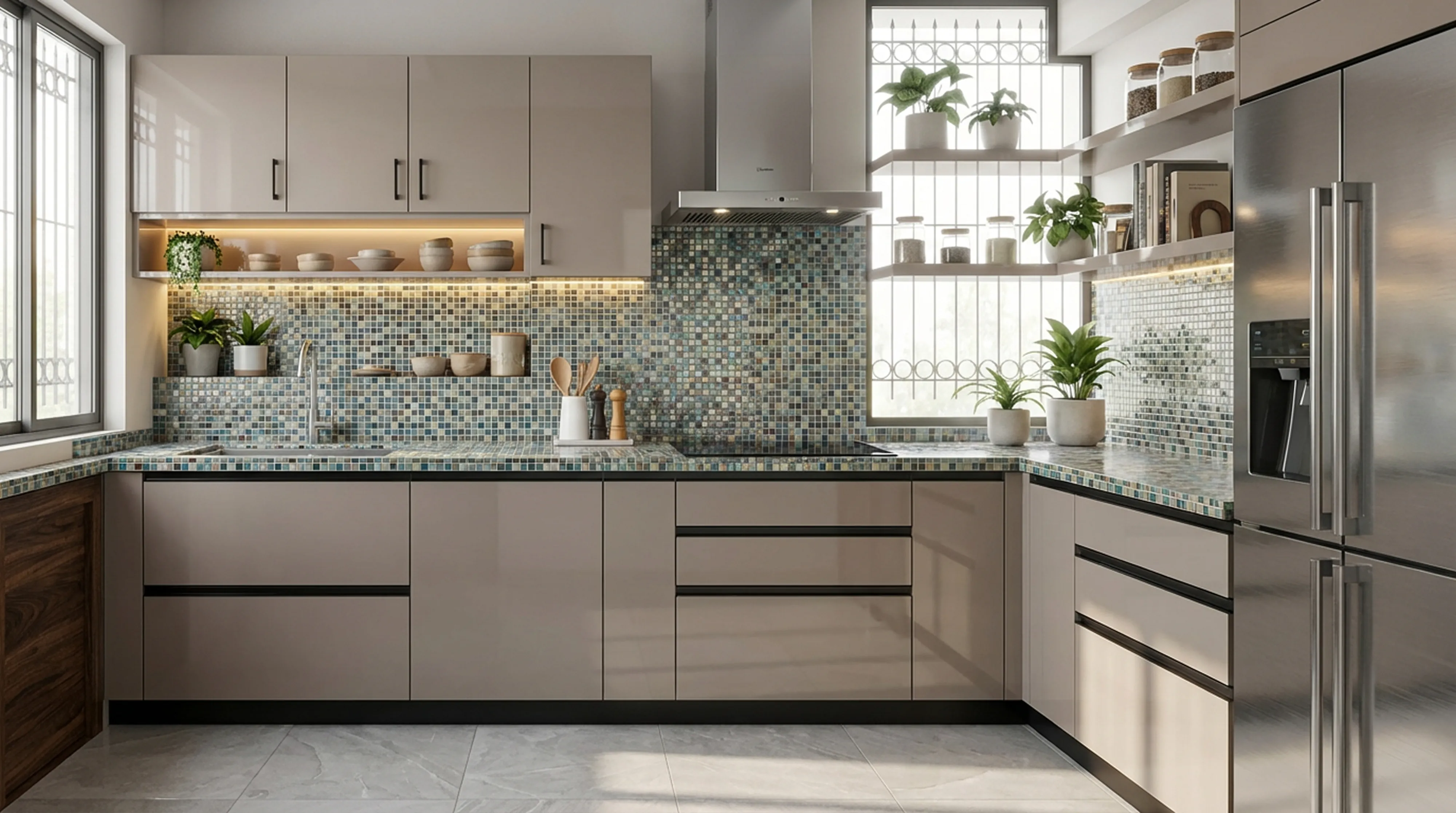 Luxury L-Shaped Kitchen with Glossy Silver PU Cabinets