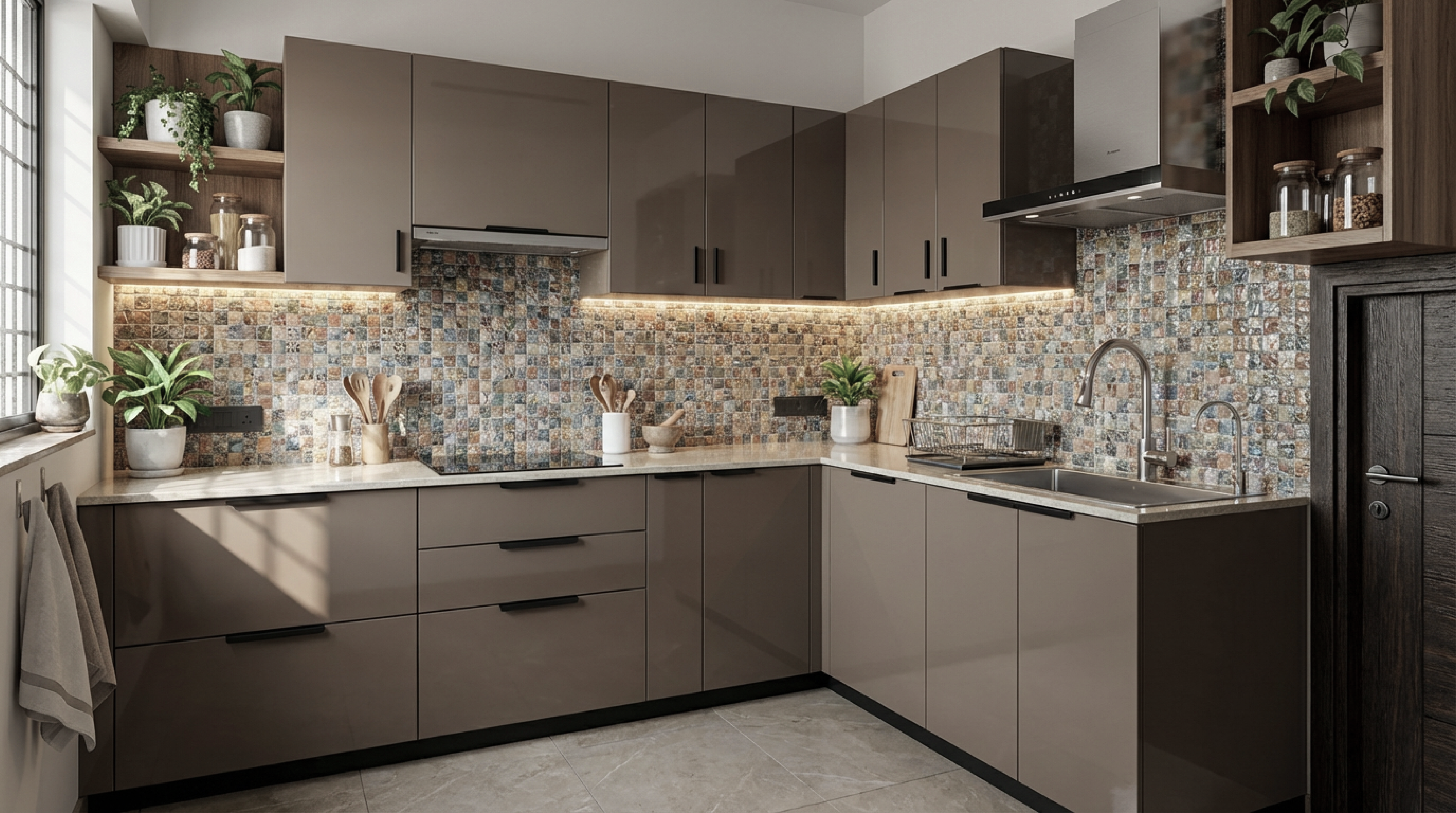 Artisanal L-Shaped Kitchen with Glossy Titanium Grey PU Cabinets