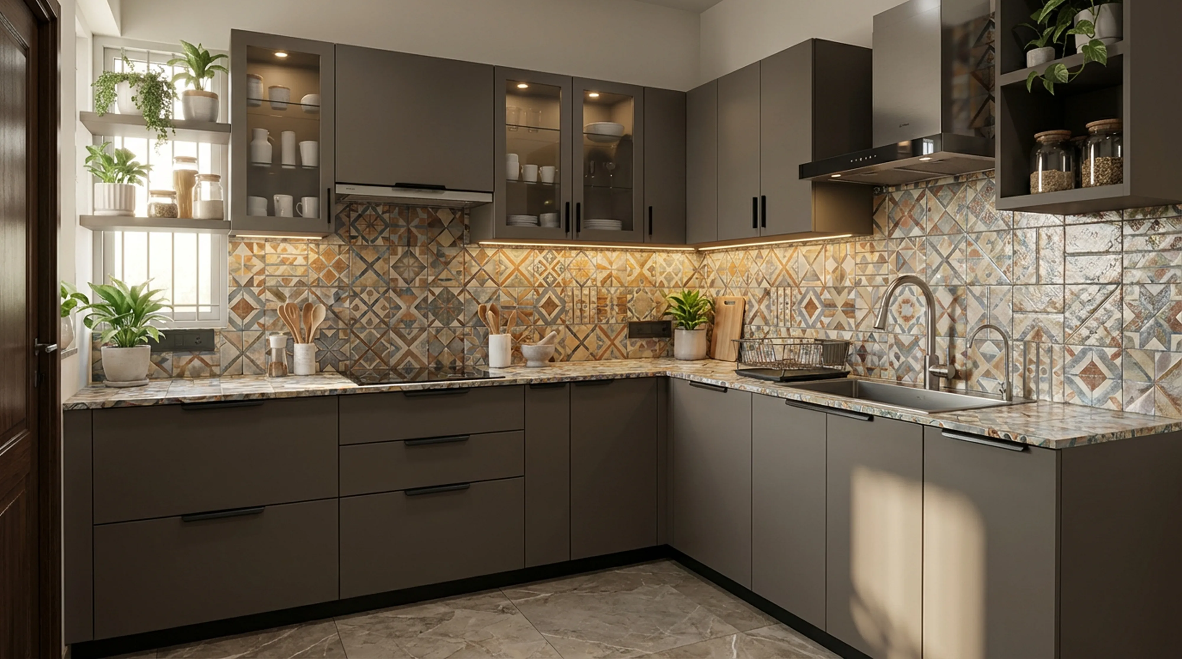 Bespoke L-Shaped Kitchen with Matt Titanium Grey PU Cabinets
