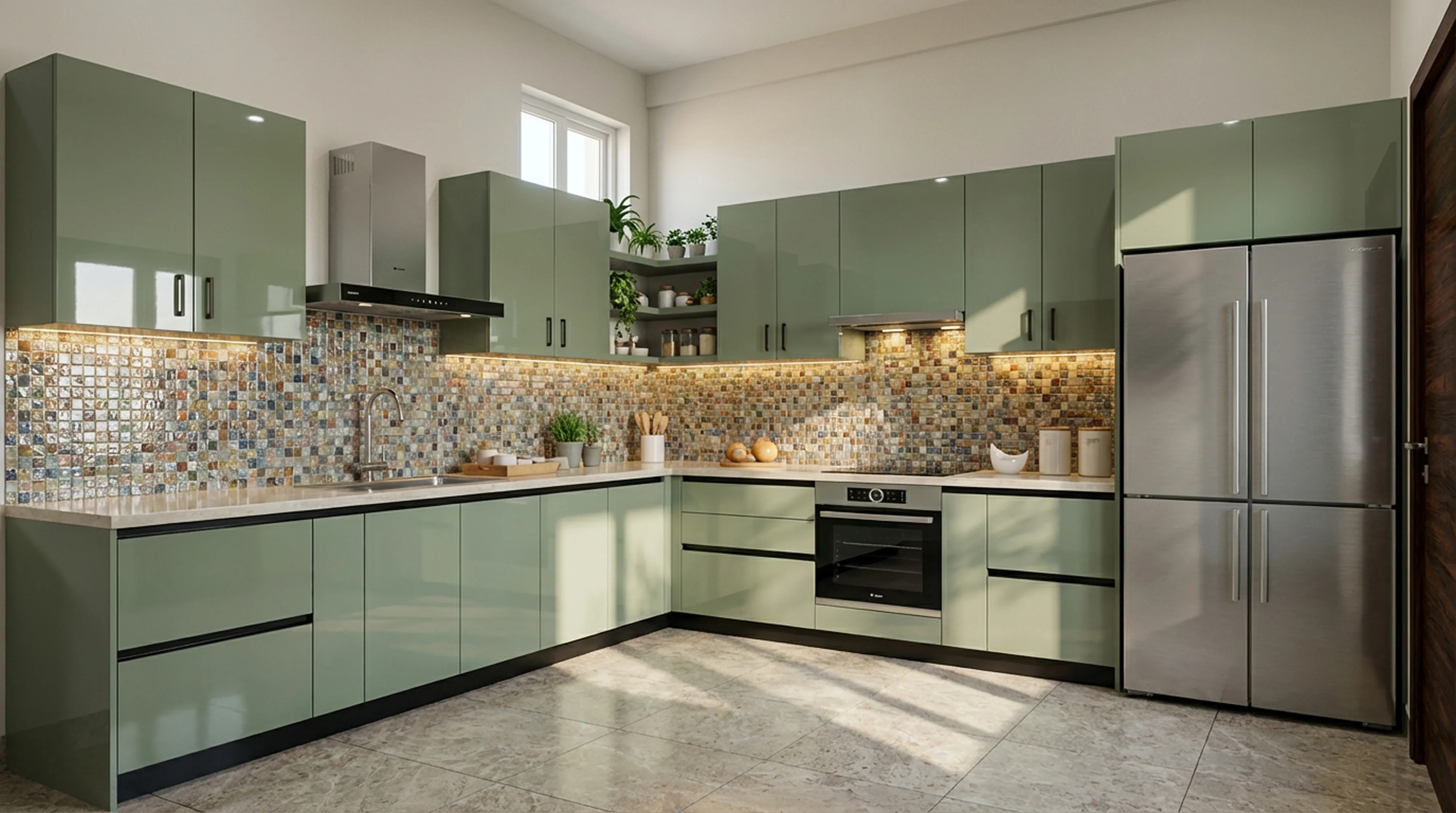 Artisanal L-Shaped Kitchen with Glossy Sea Green PU Cabinets