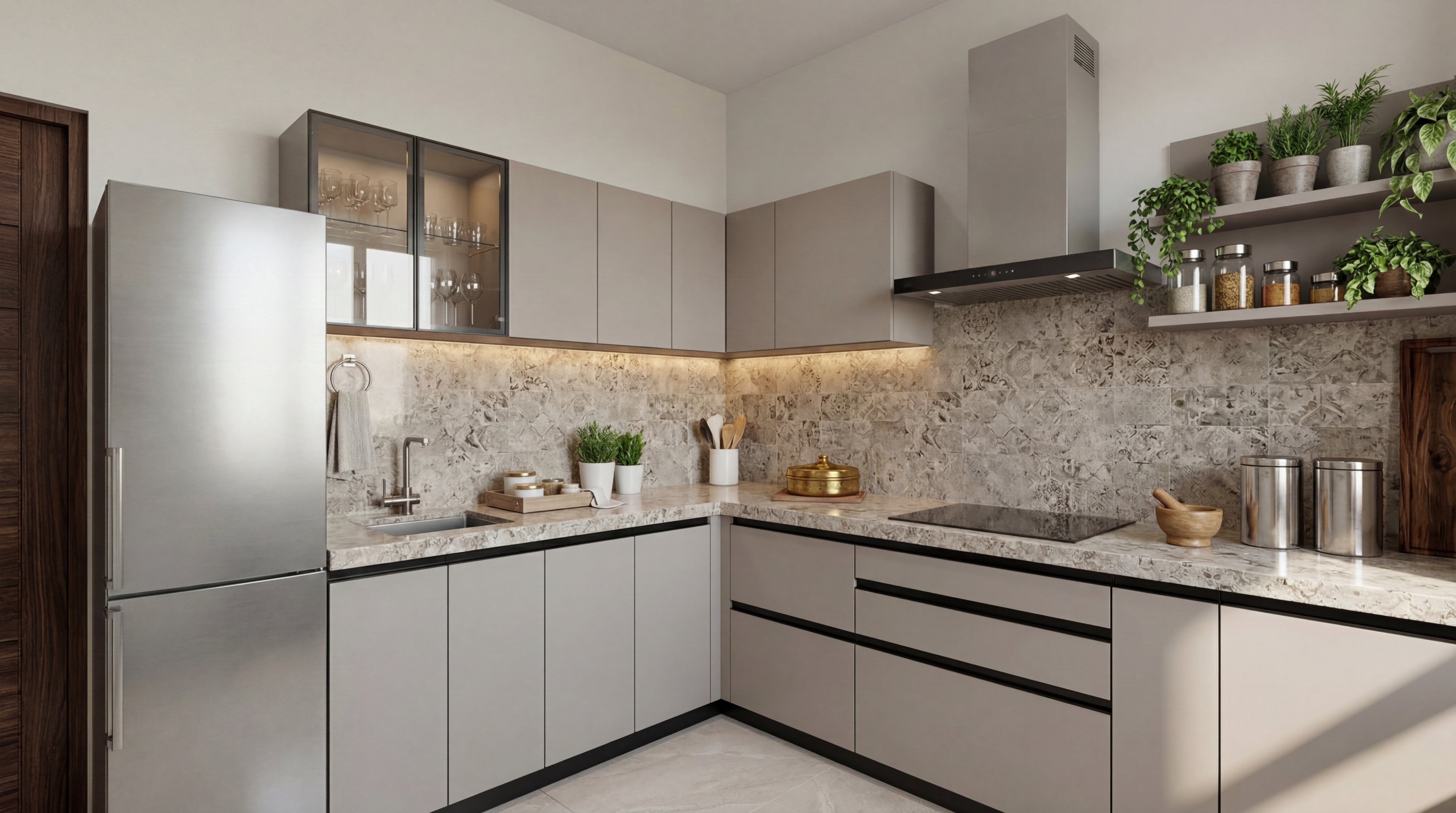 Timeless L-Shaped Kitchen with Matt Jersey Grey Cabinets