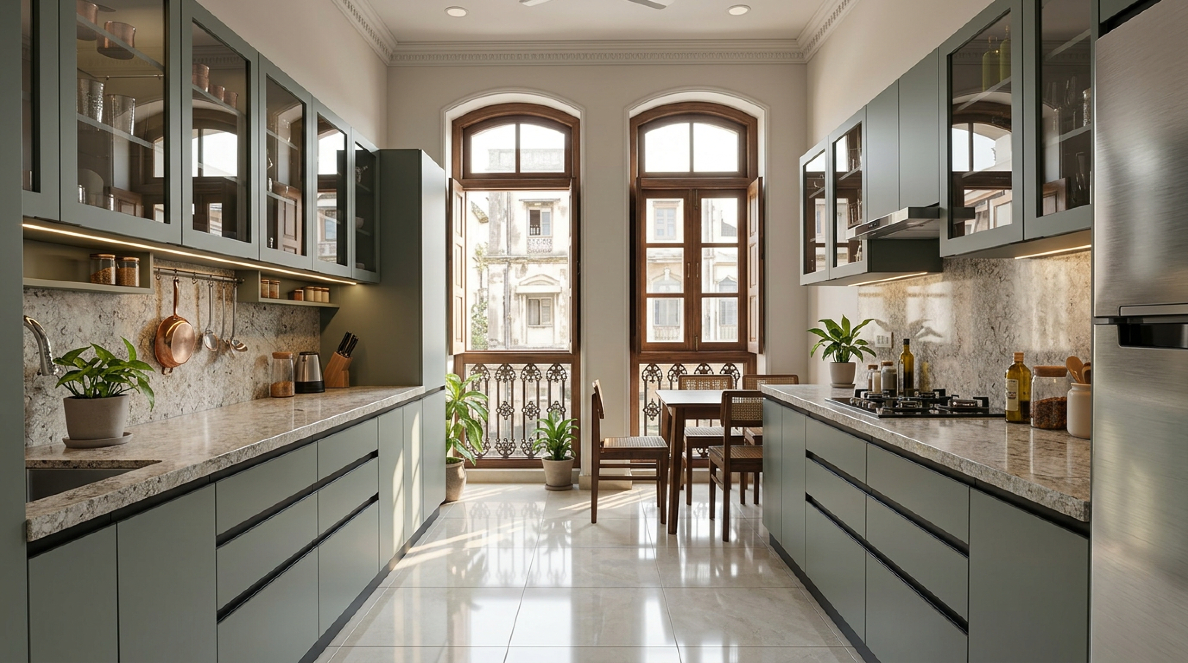 Bespoke Parallel Kitchen with Acacia Green Cabinets