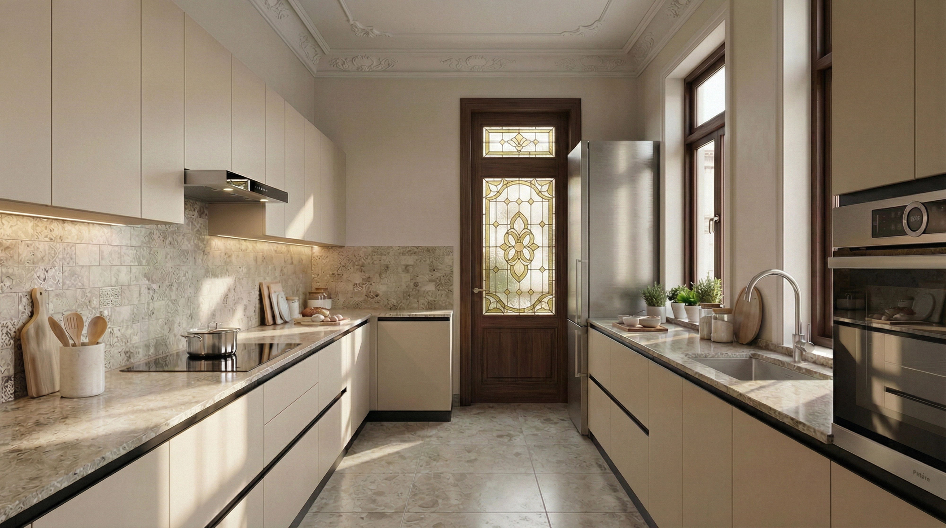 Sophisticated Parallel Kitchen with Peanut Cabinets