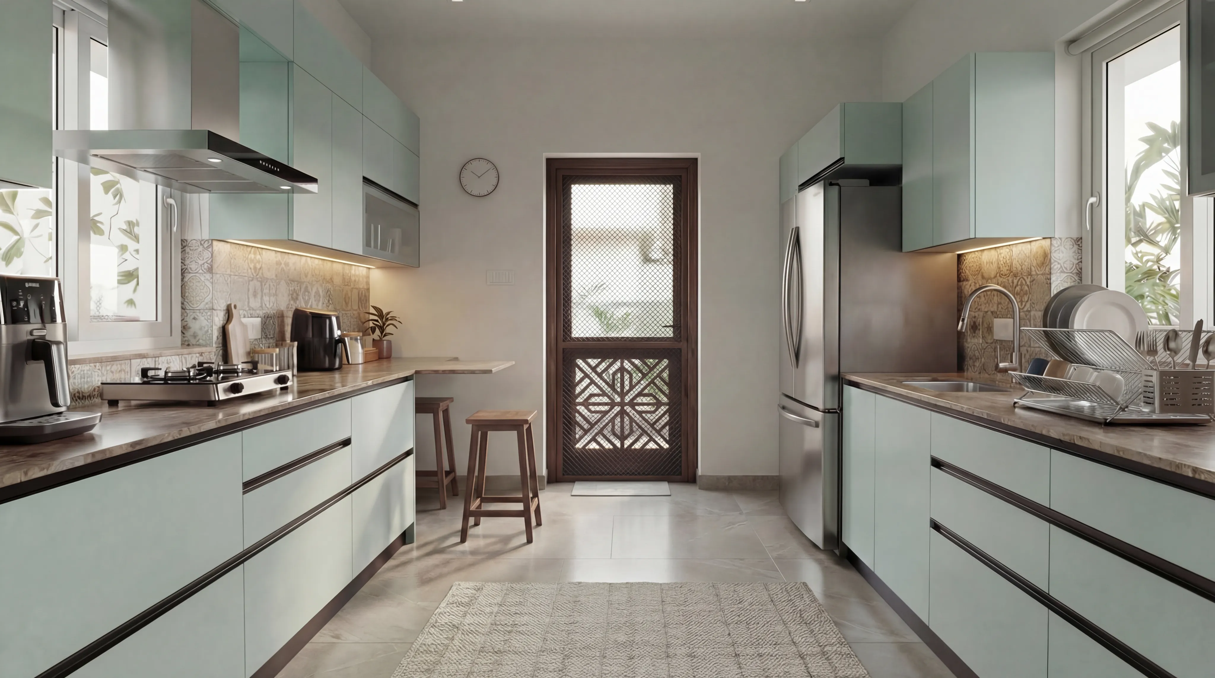 Modern Parallel Kitchen with Matt Mint Green Cabinets