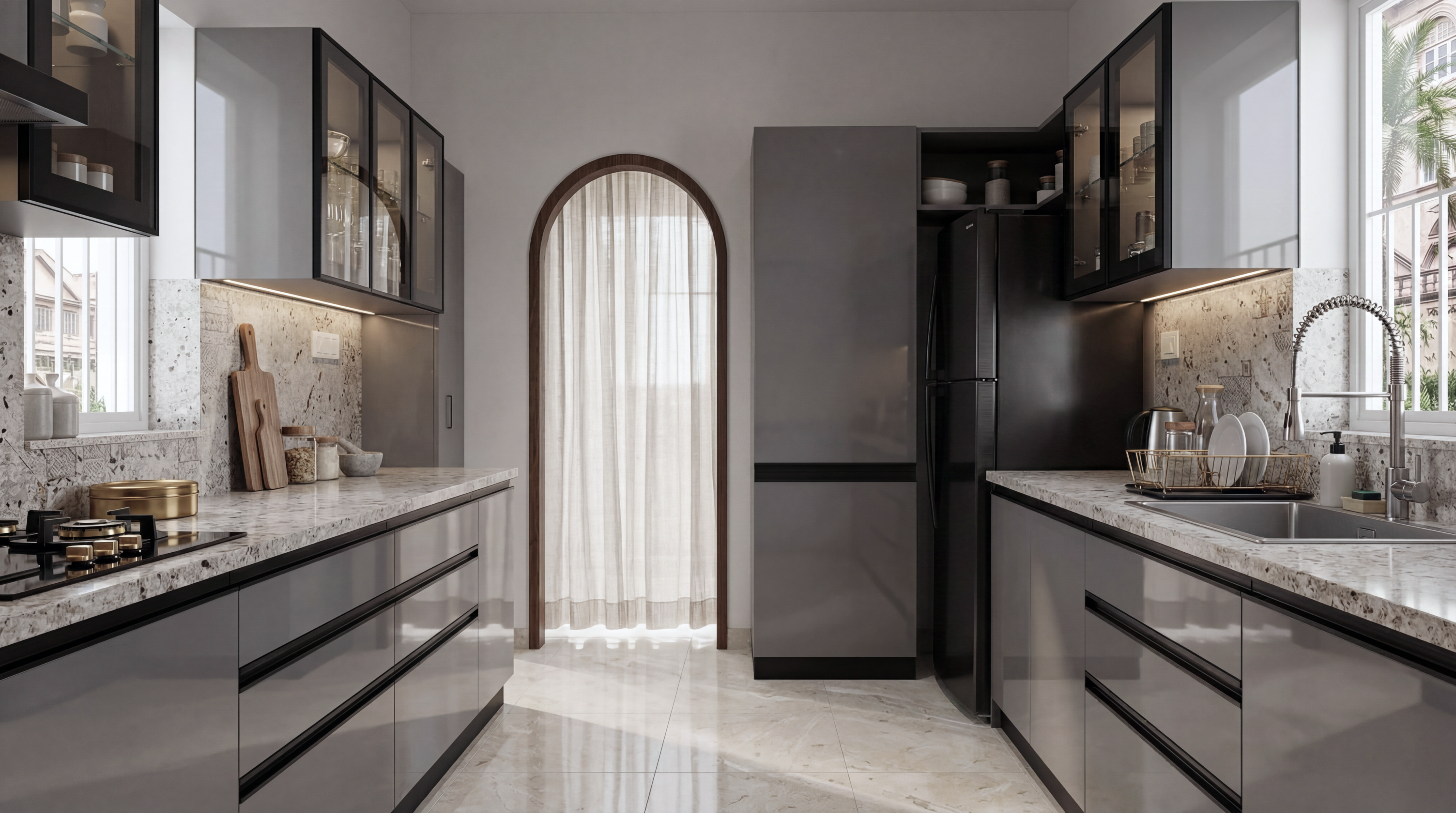 Bespoke Parallel Kitchen with Glossy Grey PU Cabinets