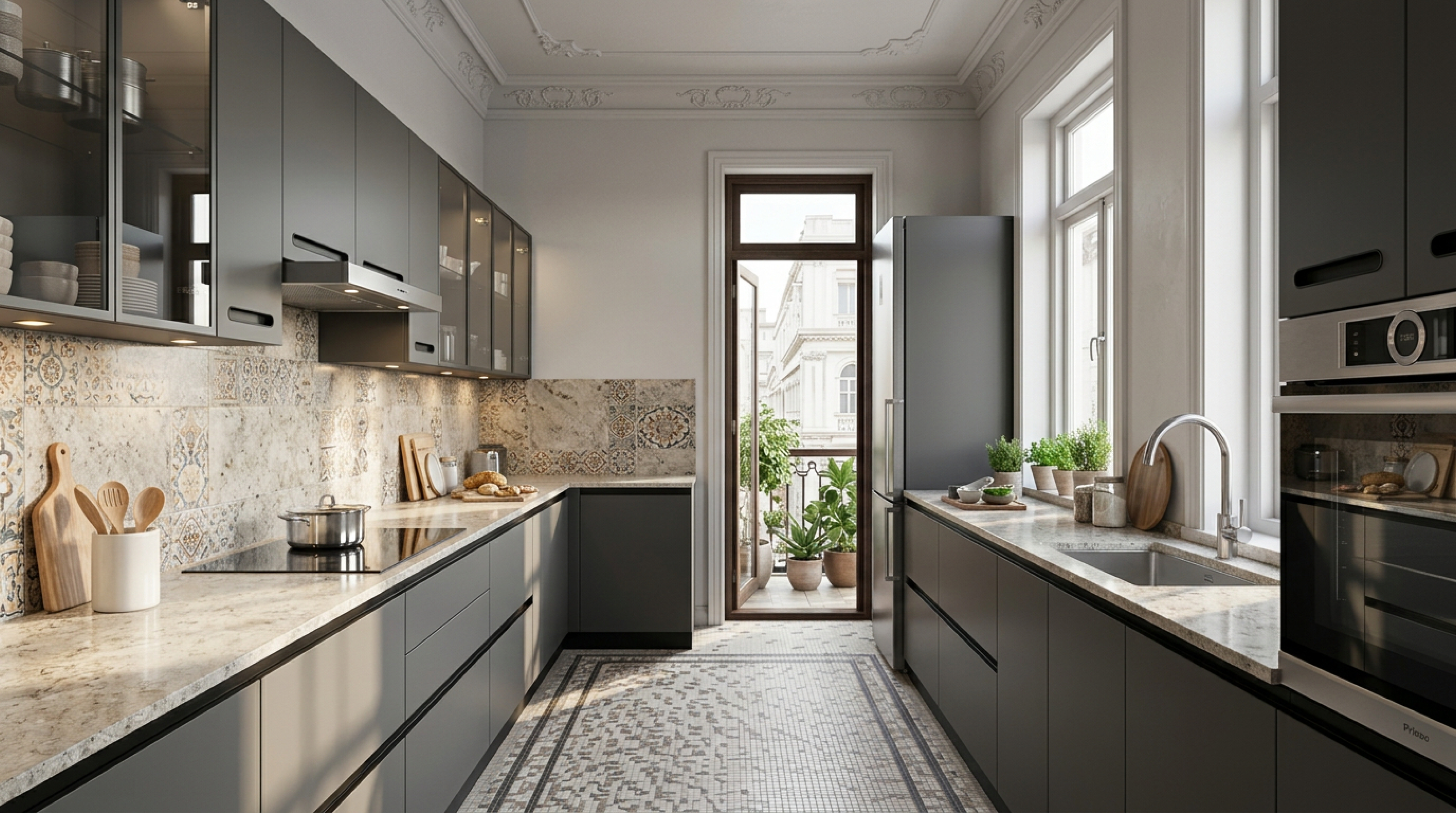 Timeless Parallel Kitchen with Matt Grey PU Cabinets