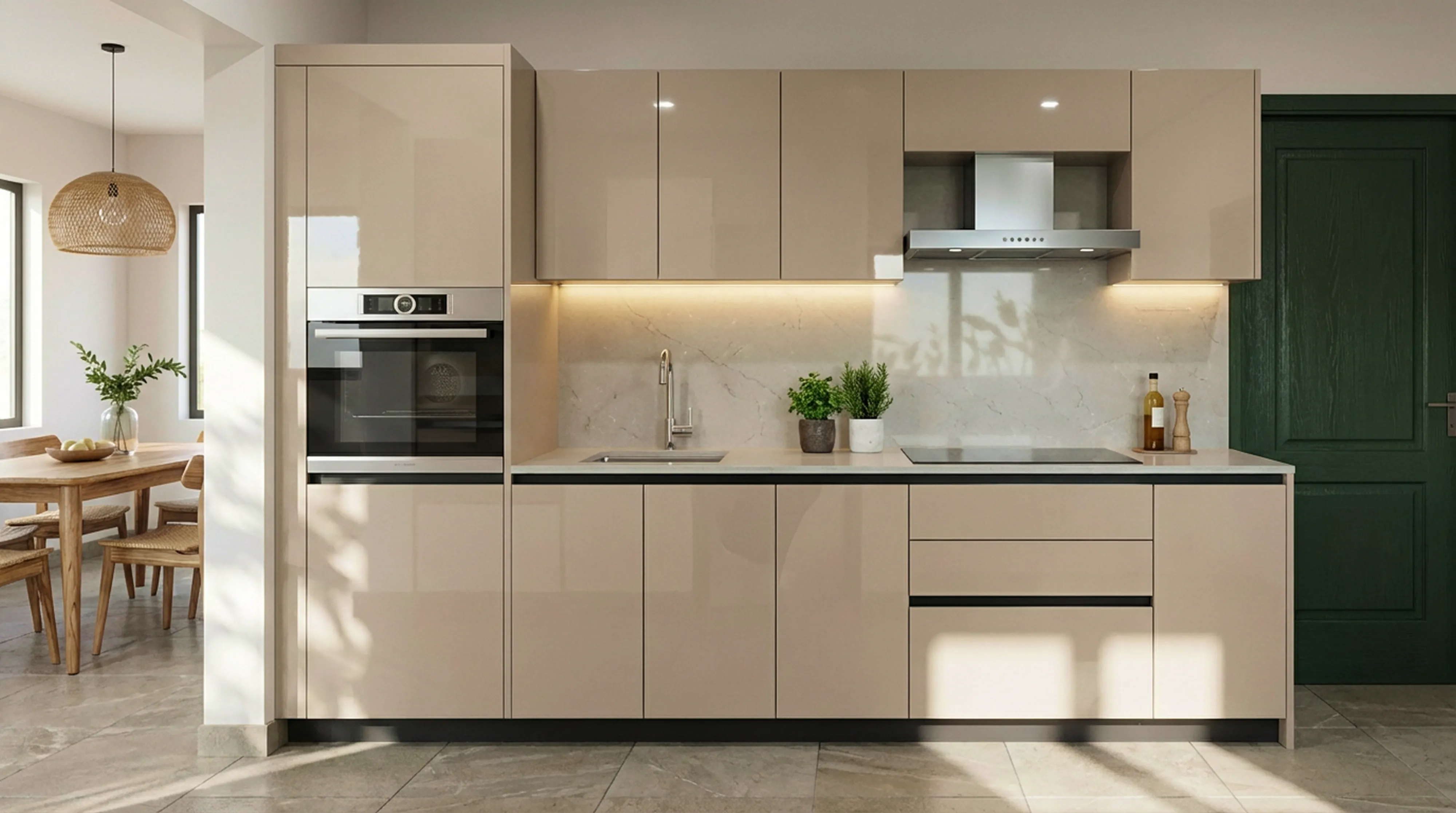 Artisanal Straight Kitchen with Glossy Beige Cabinets