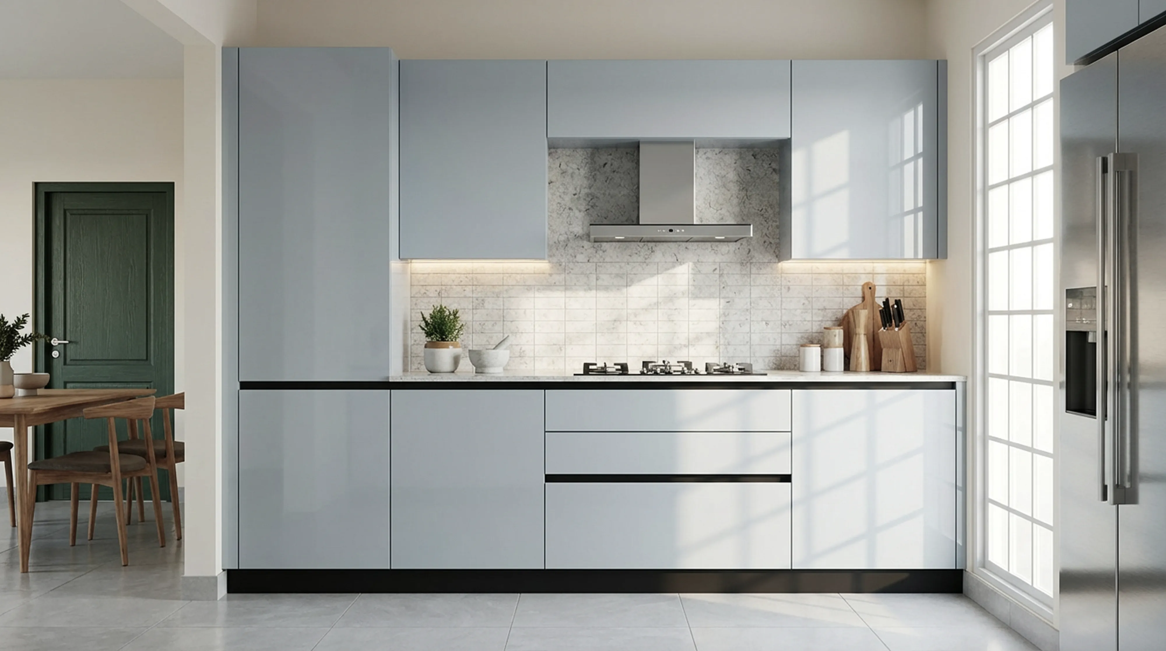 Artisanal Straight Kitchen with Glossy White Cabinets