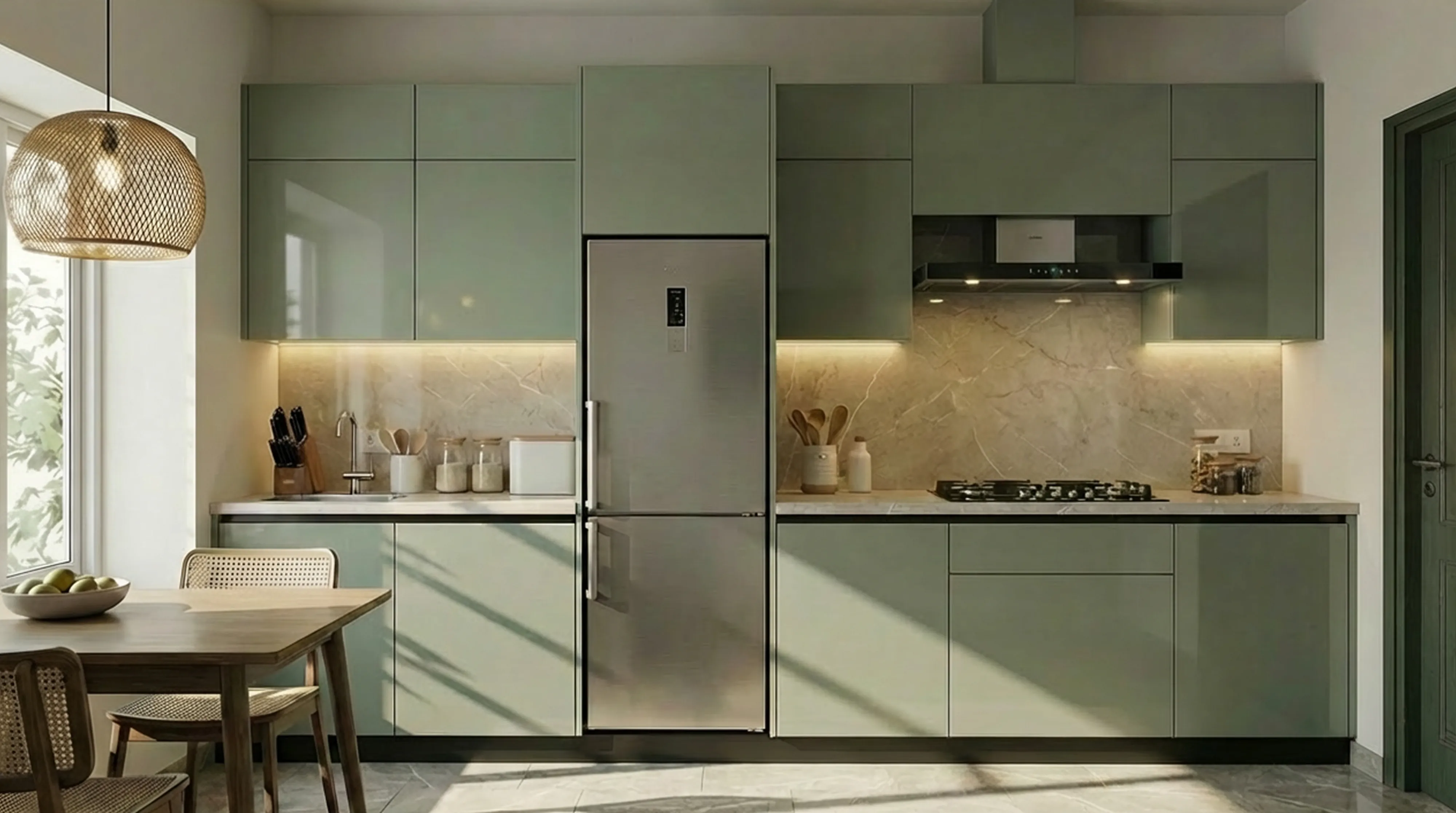 Artisanal Straight Kitchen with Green Cabinets