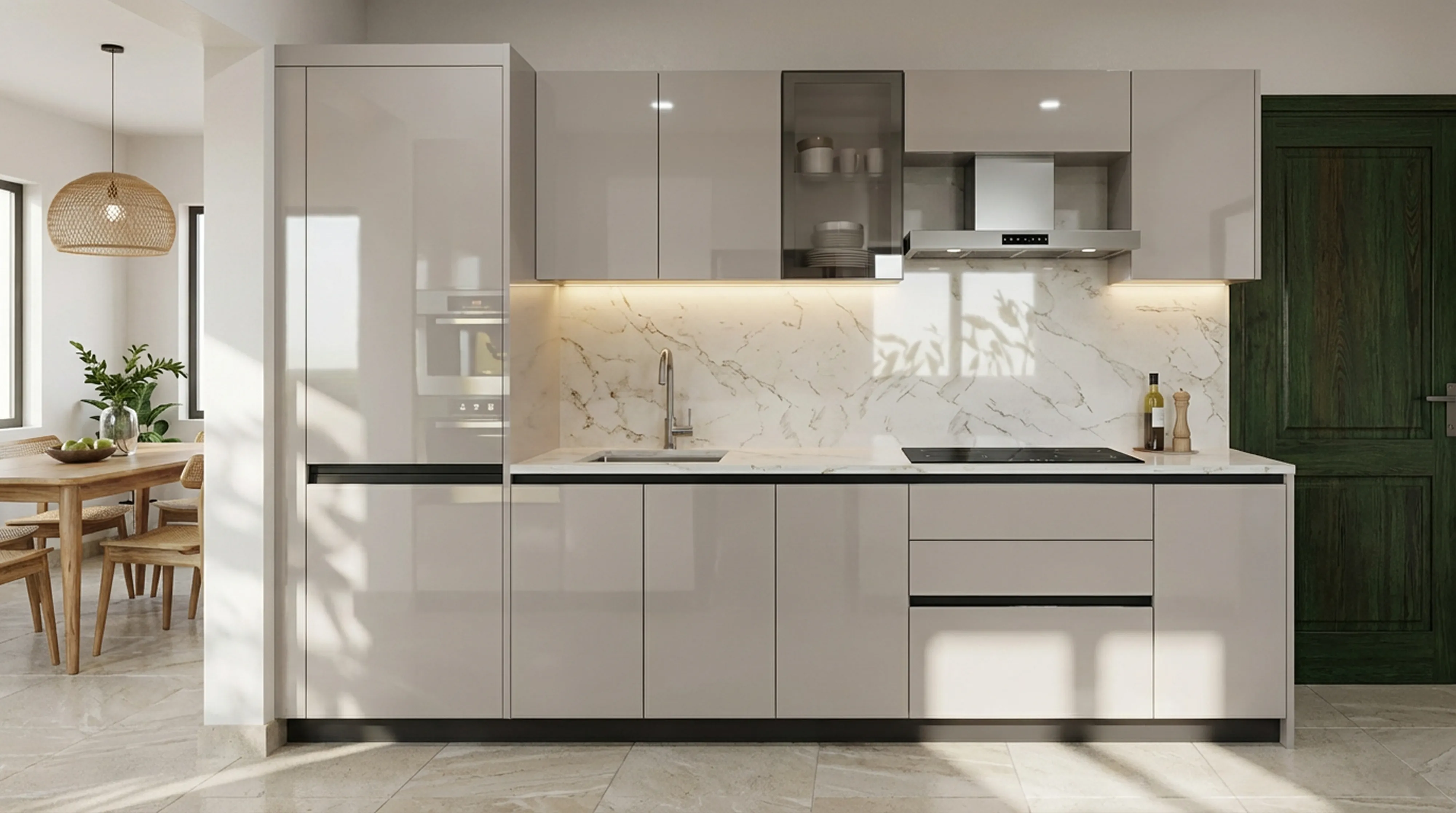 Elegant Straight Kitchen with Grey Acrylic Cabinets