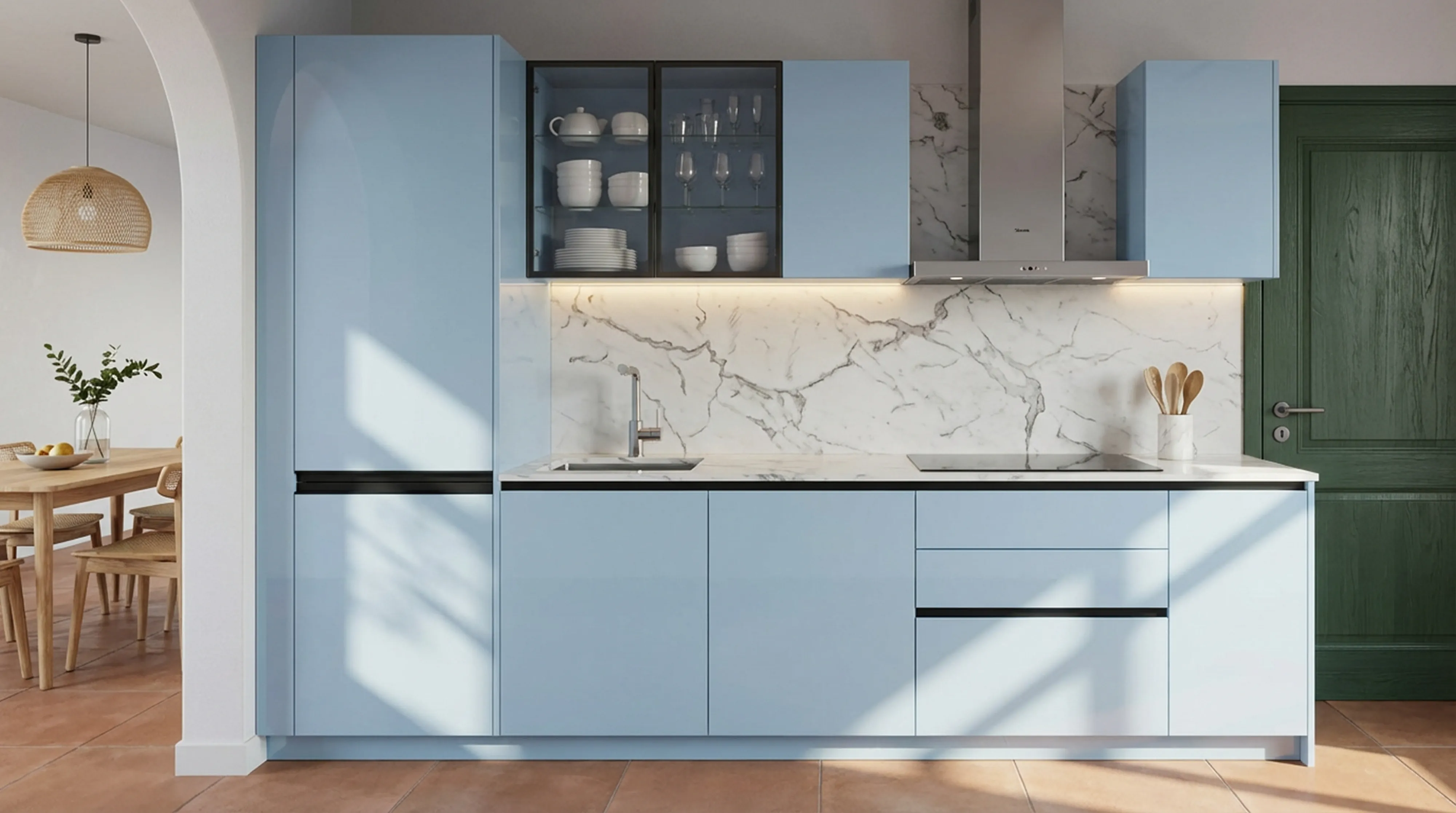 Pristine Straight Kitchen with Blue Cabinets