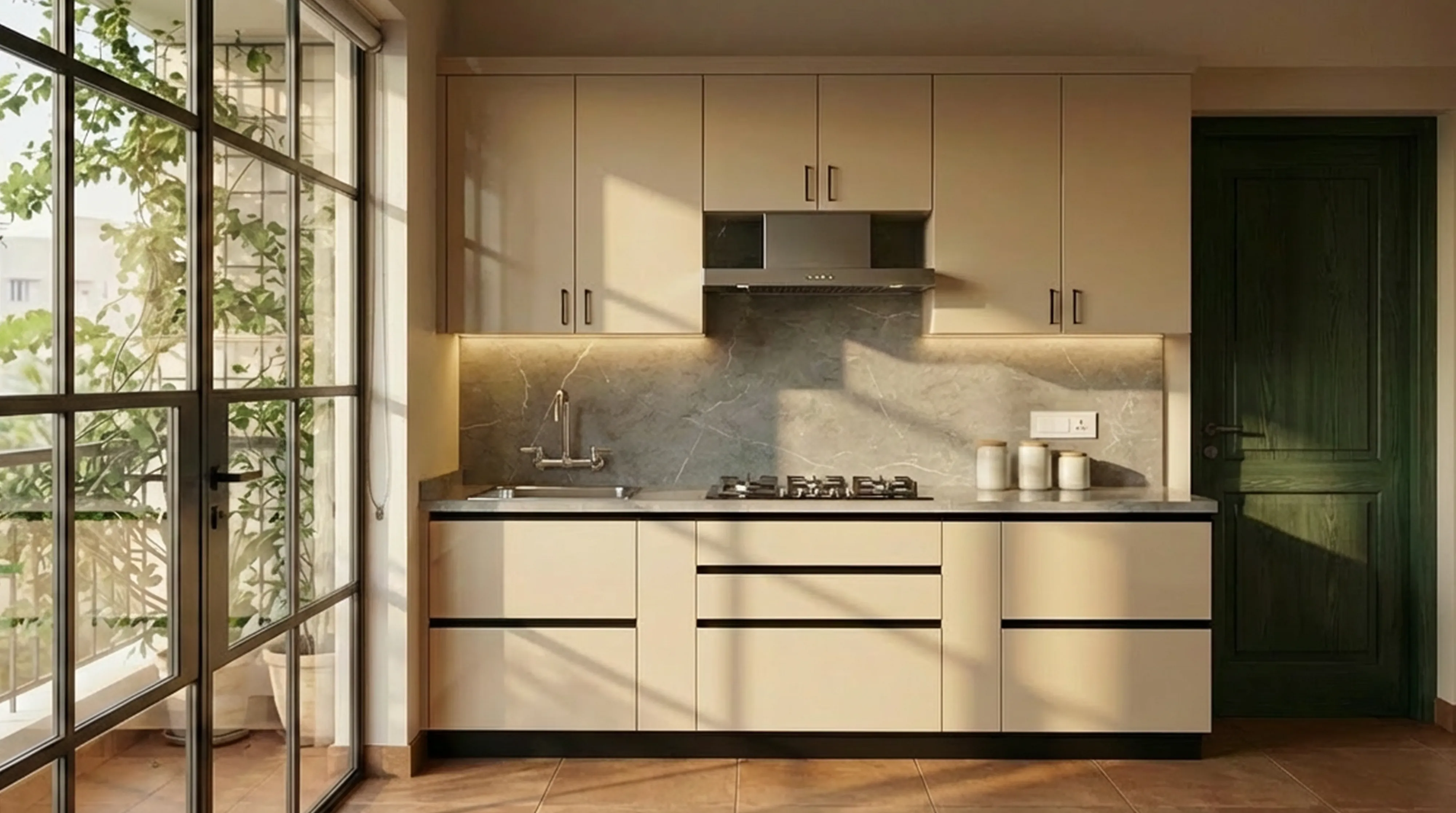 Sophisticated Straight Kitchen with Irish Cream Cabinets