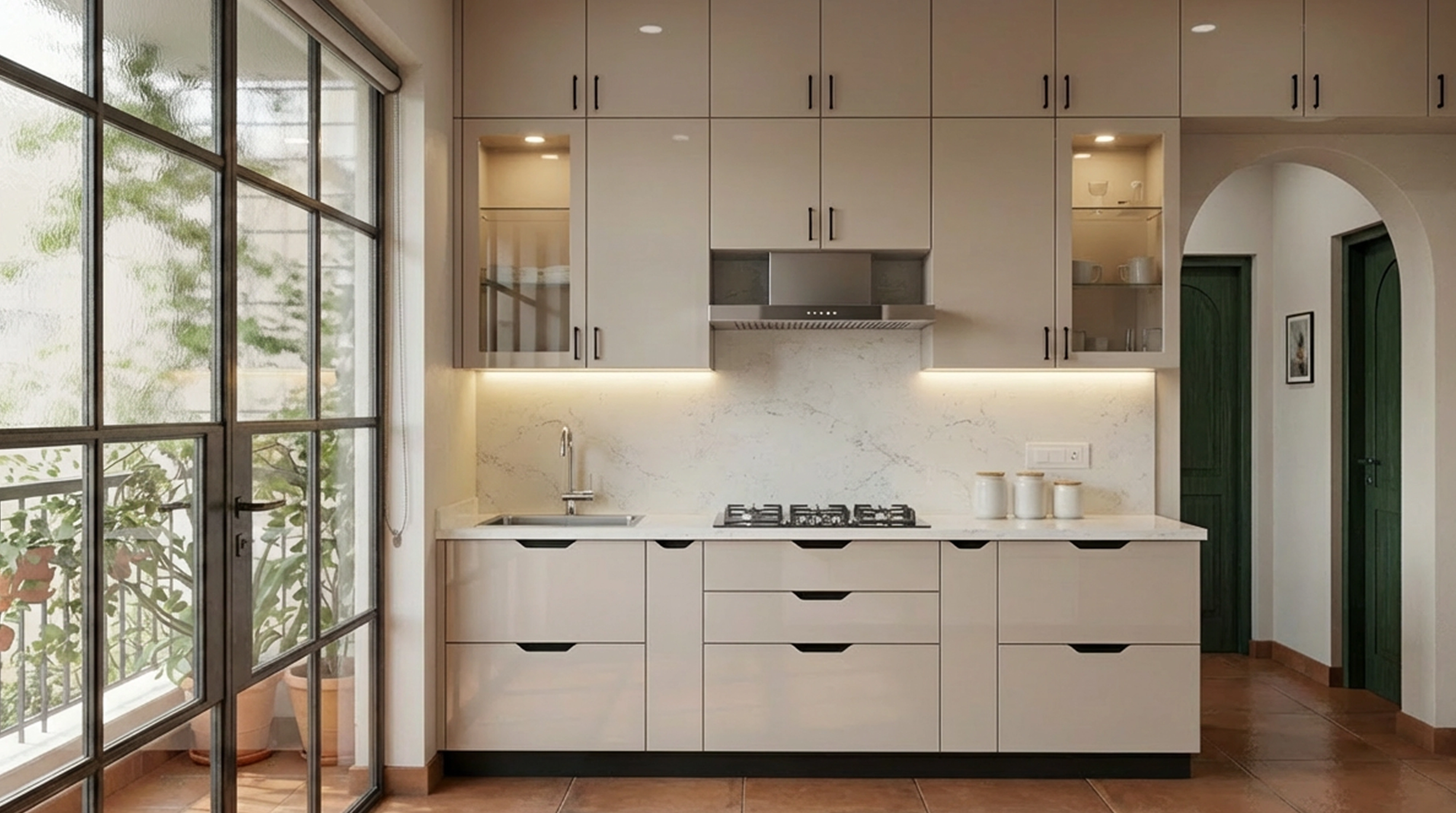Bespoke Straight Kitchen with Metallic White Cabinets